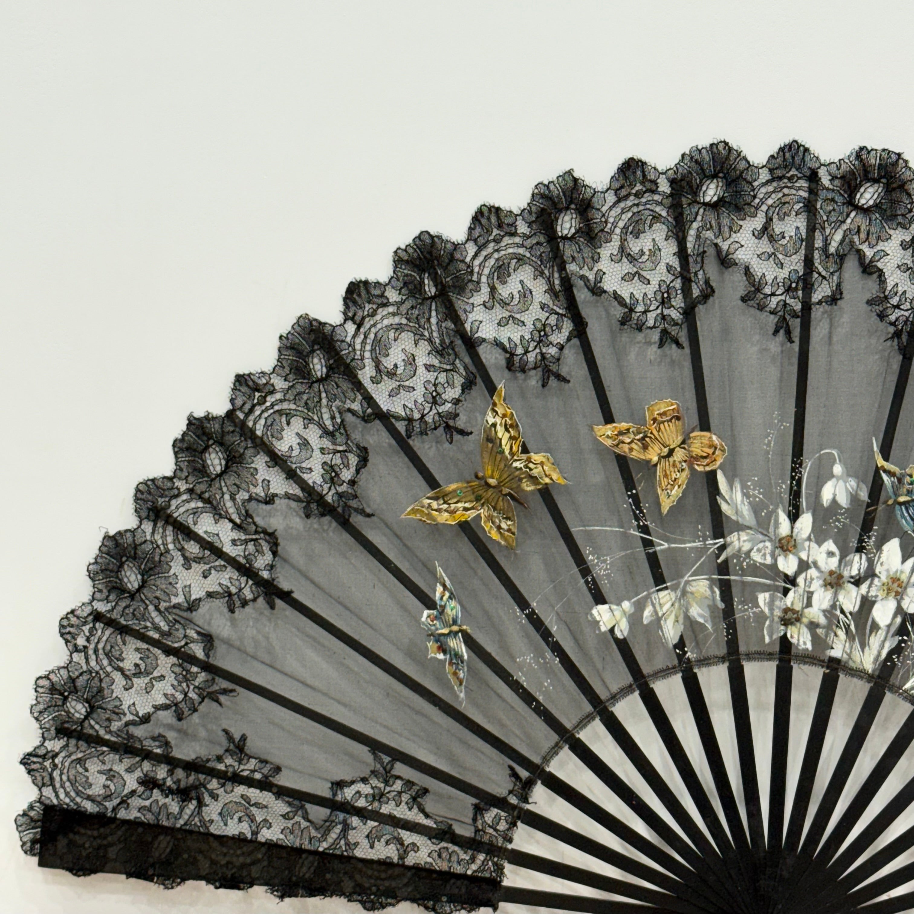 Antique Hand Painted Lace Fan with Butterflies Edwardian Black Mourning Style