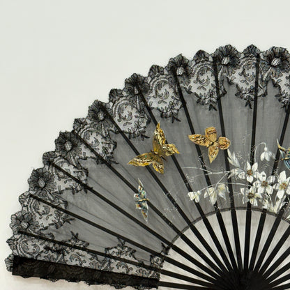 Antique Hand Painted Lace Fan with Butterflies Edwardian Black Mourning Style