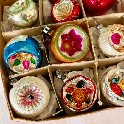 Boxed Set of 12 Vintage Concave Reflector Glass Baubles