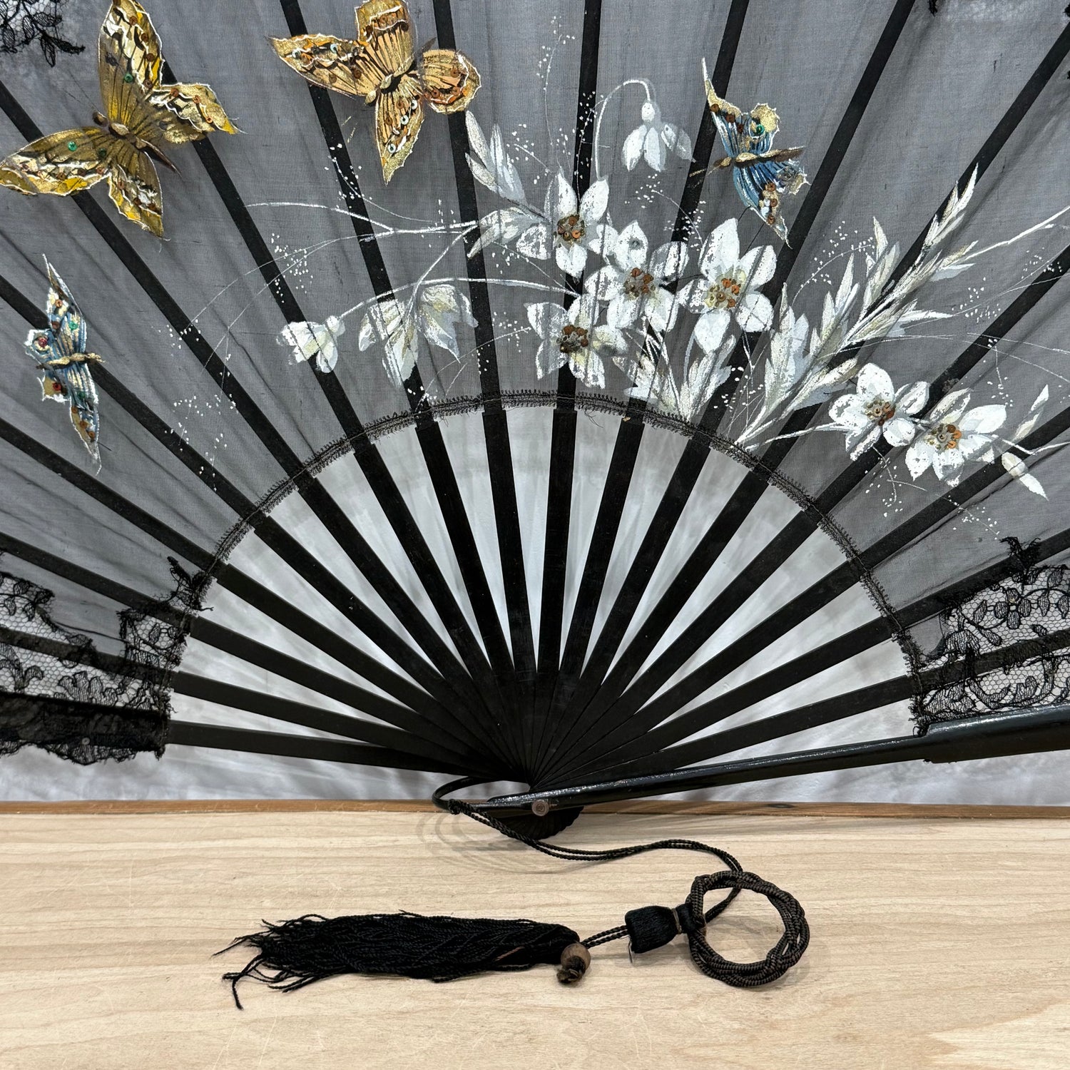 Antique Hand Painted Lace Fan with Butterflies Edwardian Black Mourning Style