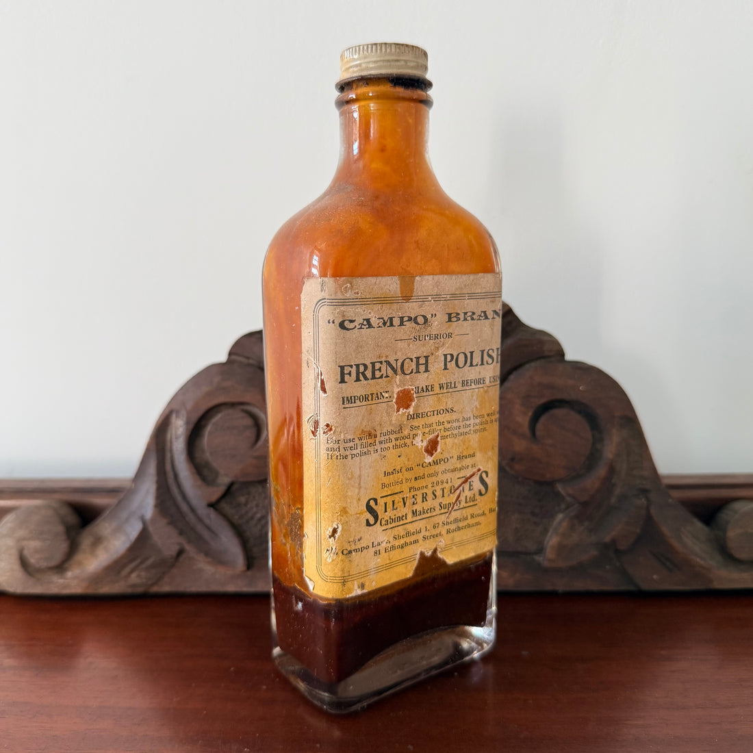 Vintage Campo French Polish Bottle Silverstones Cabinet Makers Sheffield