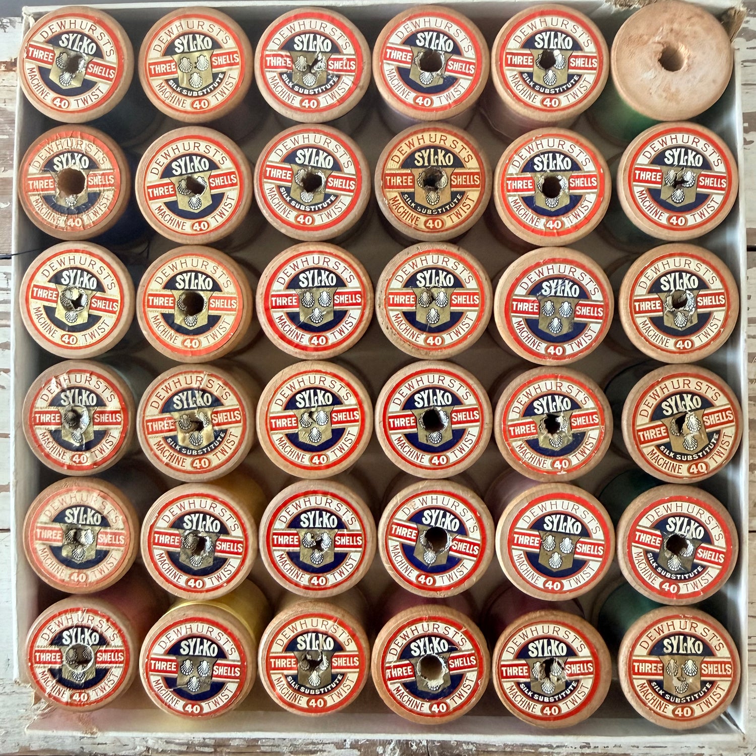 Vintage Dewhurst’s Sylko 36 Wooden Cotton Reels in Advertising Box