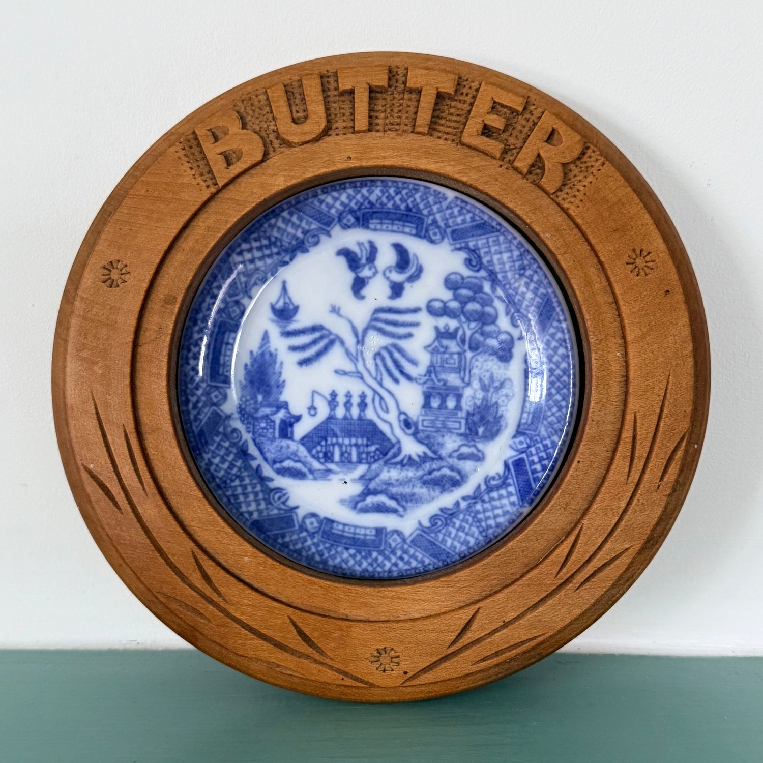 Antique Treen Butter Dish Wooden Surround with Blue Willow Insert
