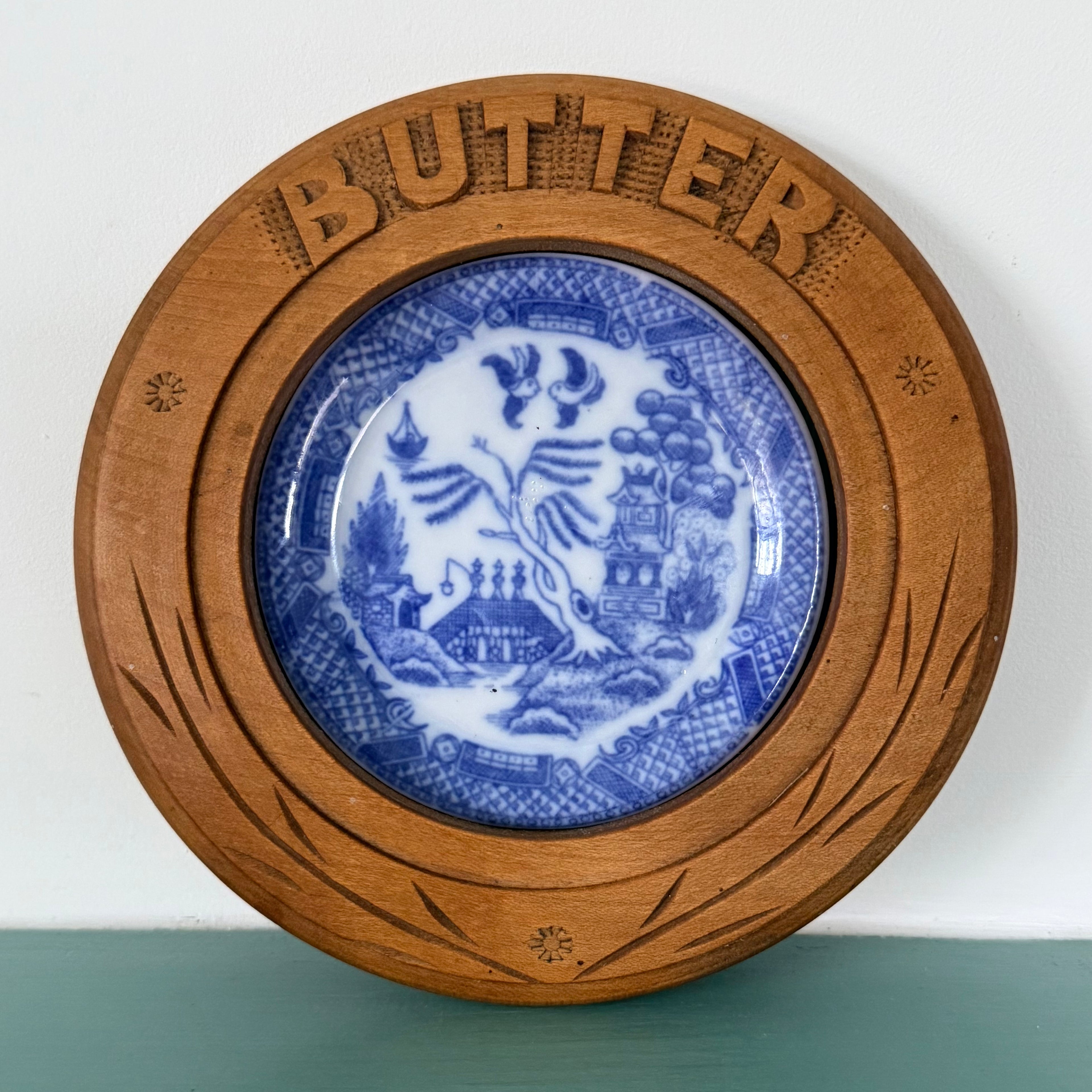 Antique Treen Butter Dish Wooden Surround with Blue Willow Insert