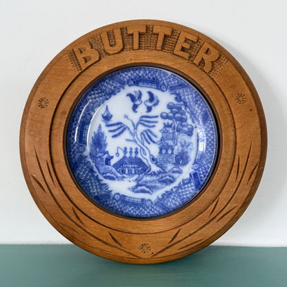 Antique Treen Butter Dish Wooden Surround with Blue Willow Insert