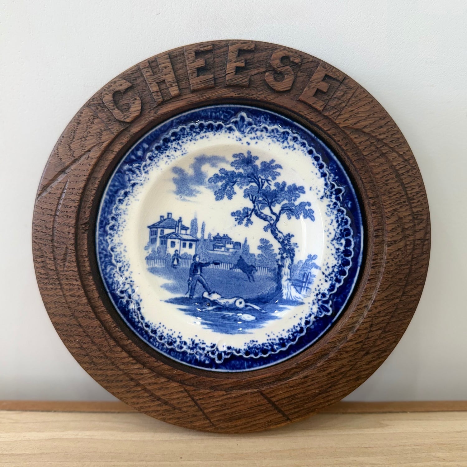 Edwardian Carved Oak Cheese Board with Plate Early 20th Century