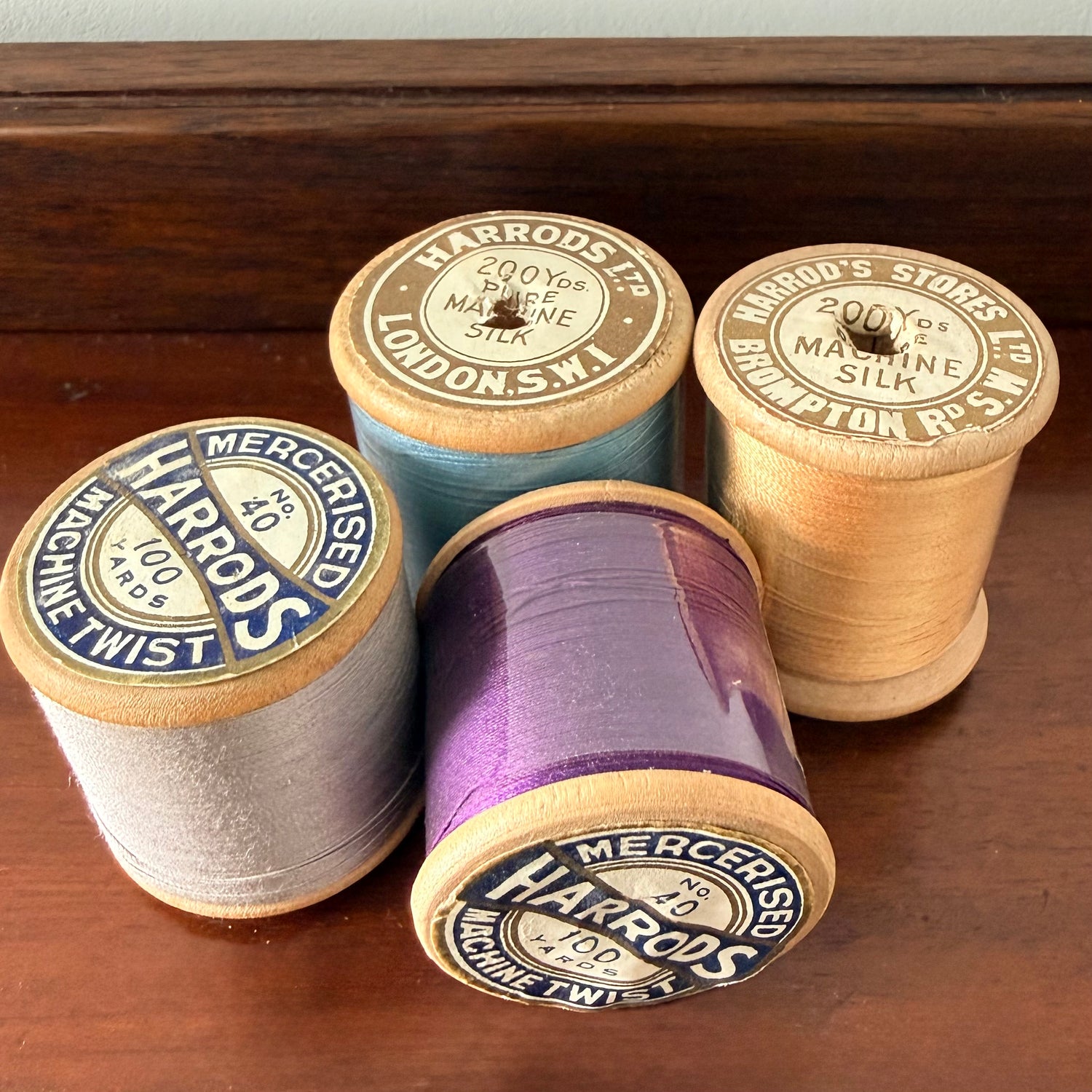 Antique Harrods Wooden Cotton &amp; Silk Thread Reels Set of Four