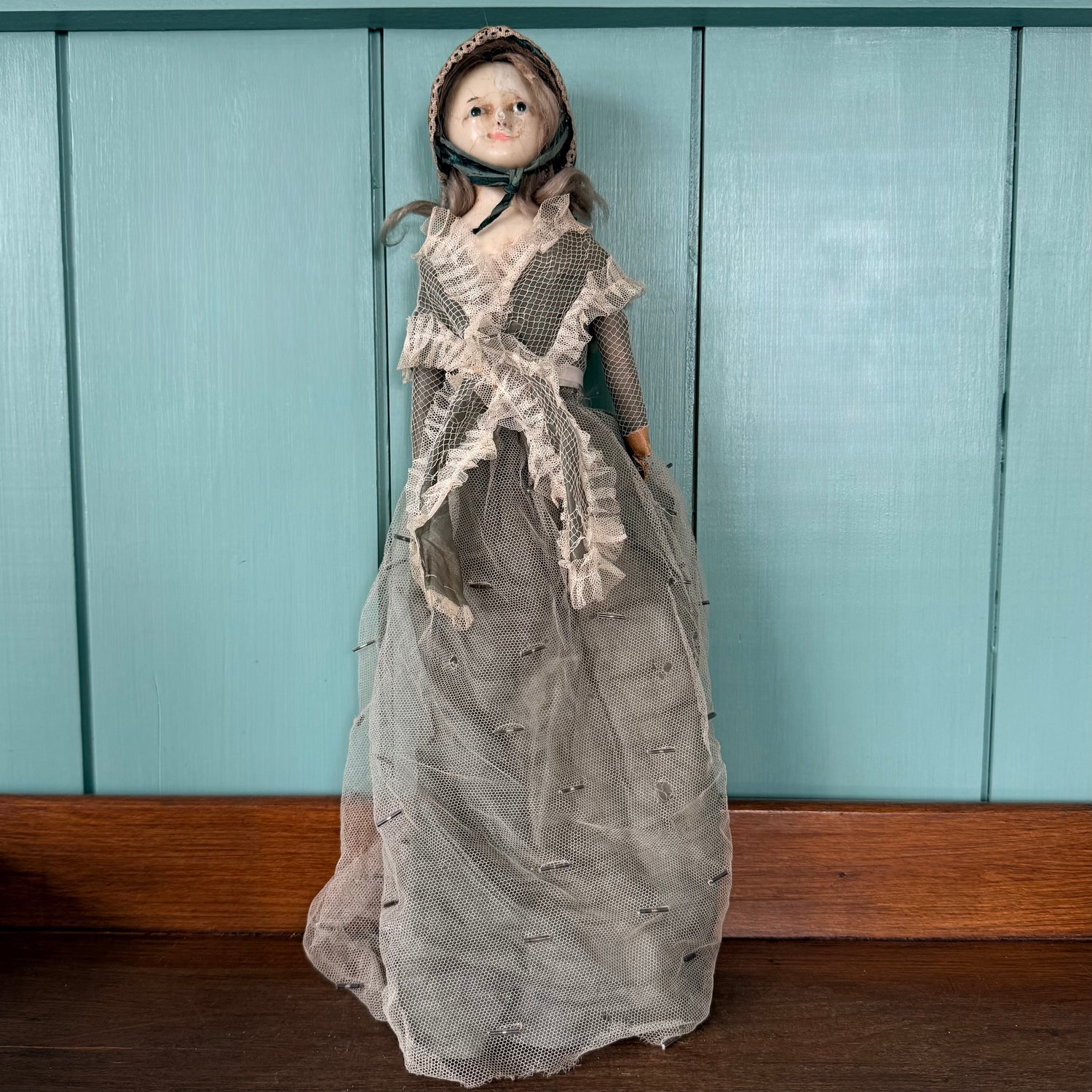 Antique Victorian Wax Over Shoulder Head Doll in Original Style Costume c.1870