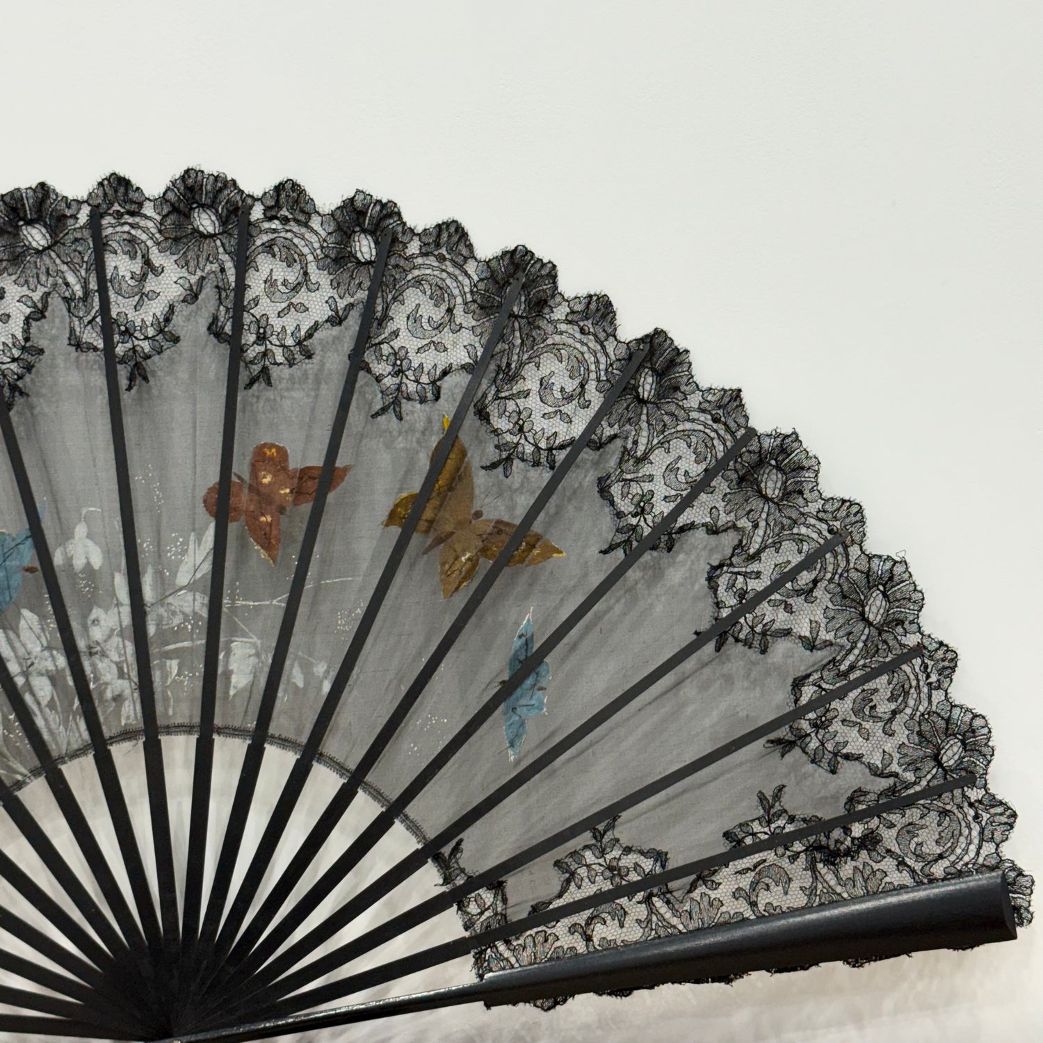 Antique Hand Painted Lace Fan with Butterflies Edwardian Black Mourning Style