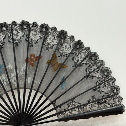 Antique Hand Painted Lace Fan with Butterflies Edwardian Black Mourning Style