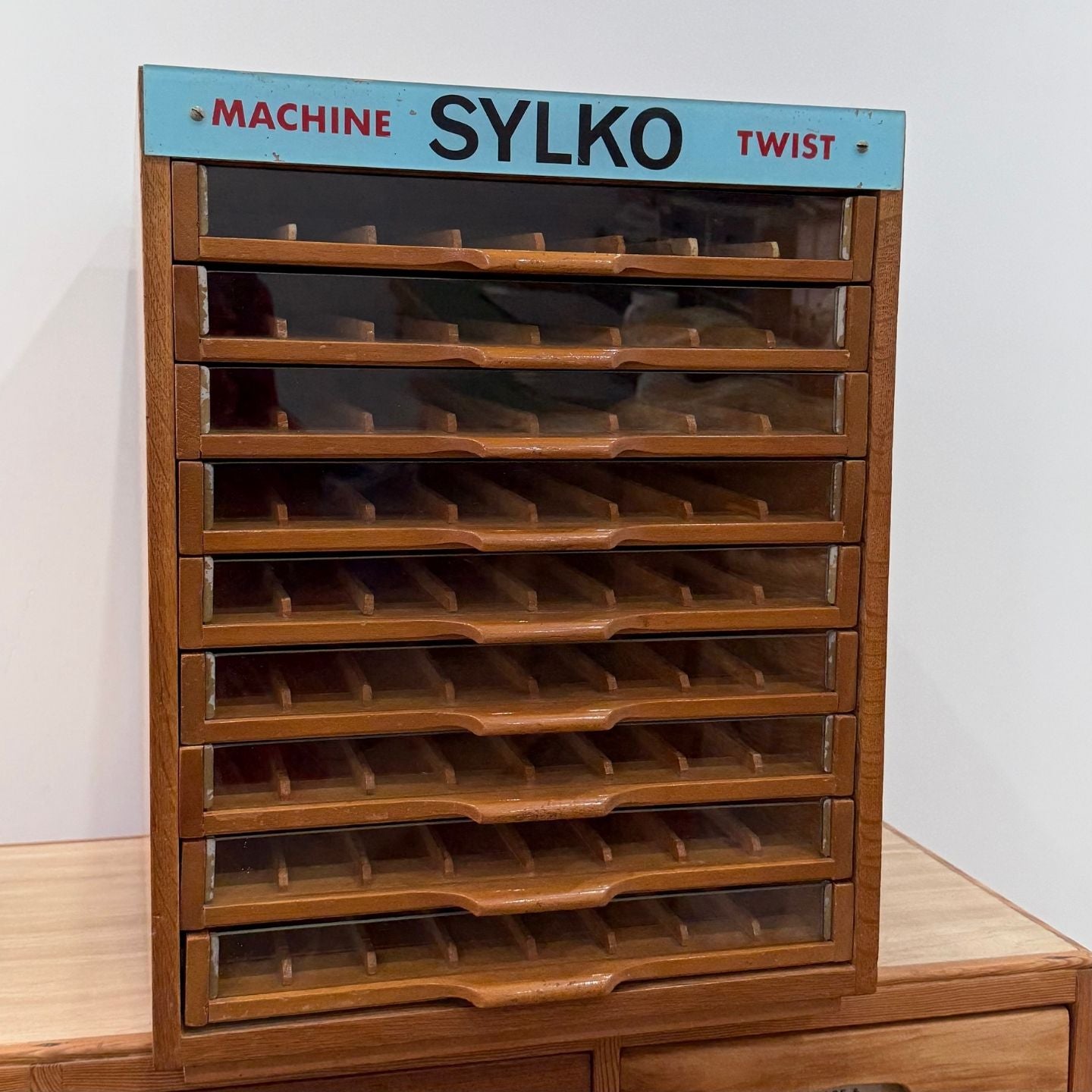 Sylko Machine Twist Oak Haberdashery Cabinet with Glass Drawers