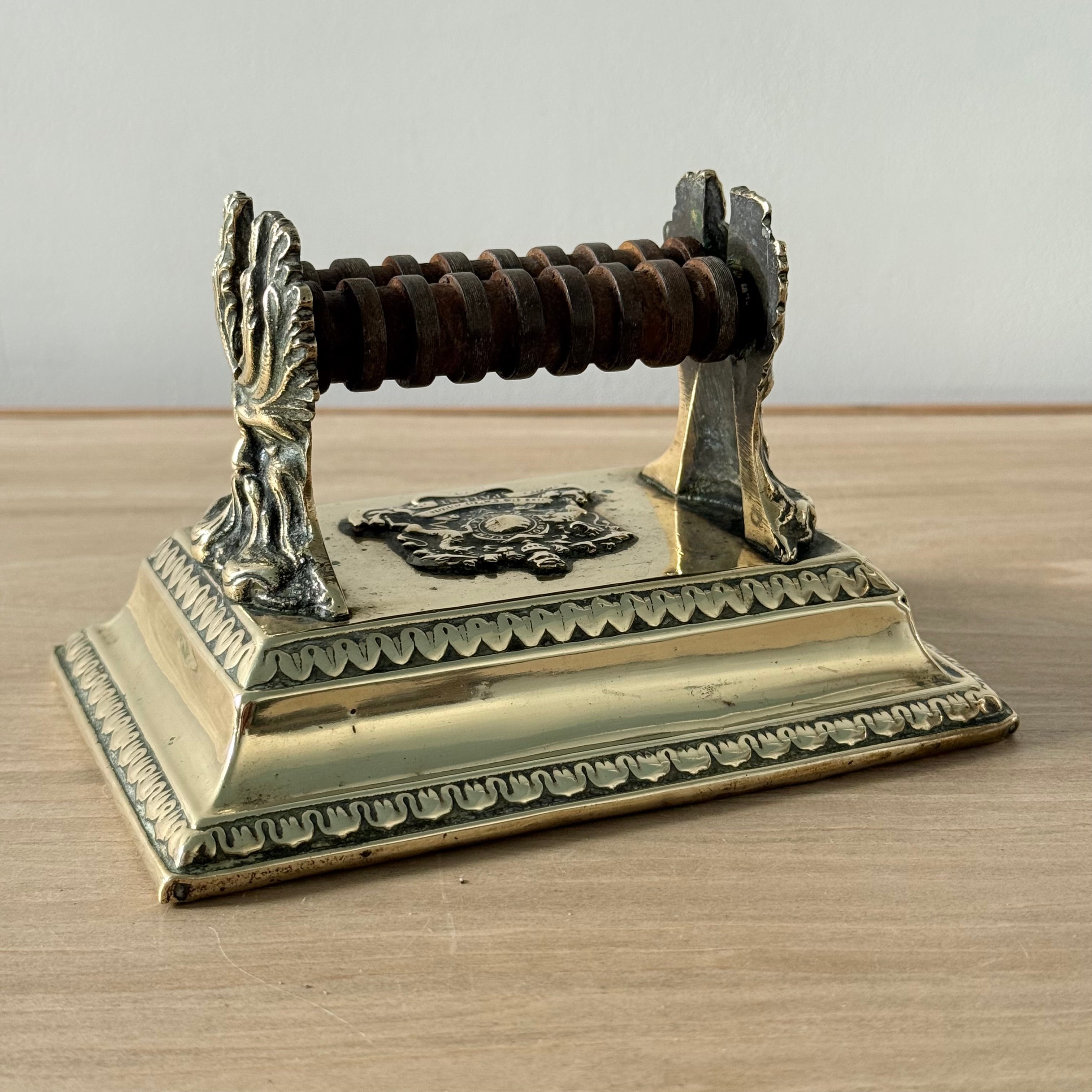 Victorian Brass Knife Sharpener with Twin Oak Rollers and Heraldic Crest