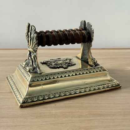 Victorian Brass Knife Sharpener with Twin Oak Rollers and Heraldic Crest