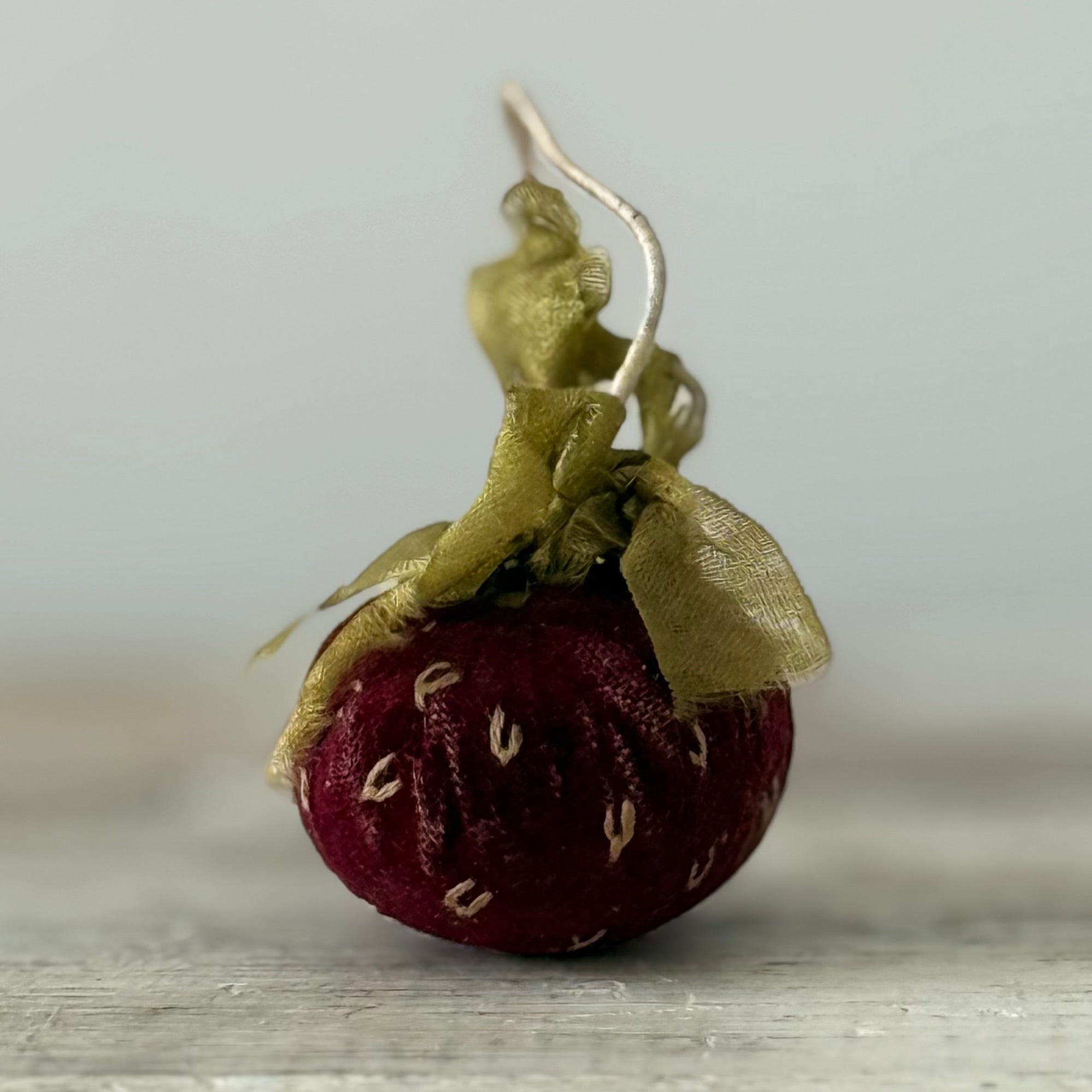 Antique Victorian Velvet Strawberry Emery with Silk Ribbon Leaves