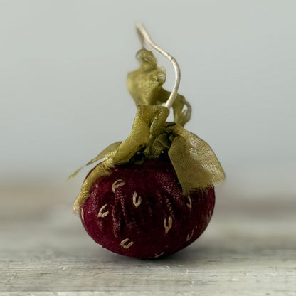 Antique Victorian Velvet Strawberry Emery with Silk Ribbon Leaves