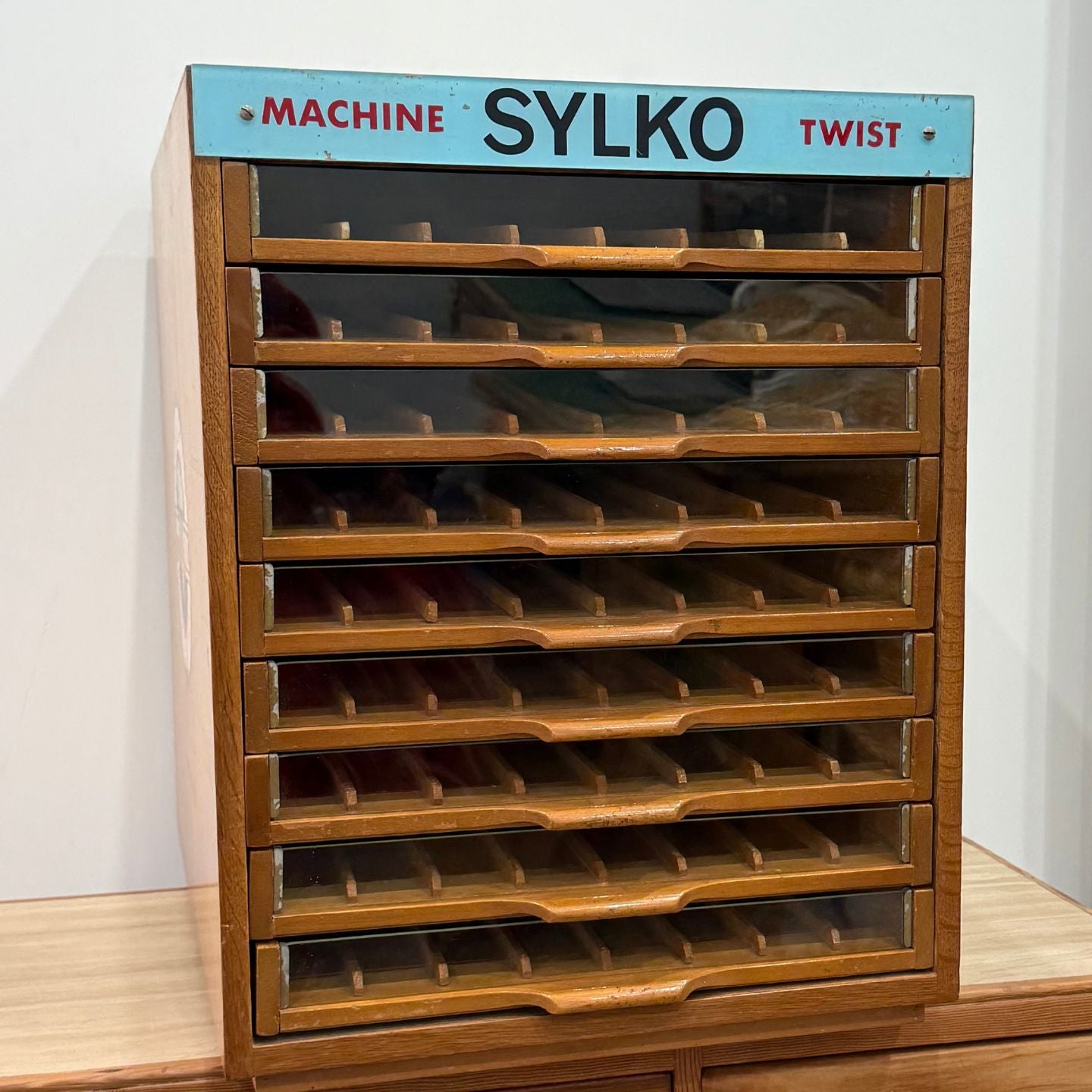 Sylko Machine Twist Oak Haberdashery Cabinet with Glass Drawers