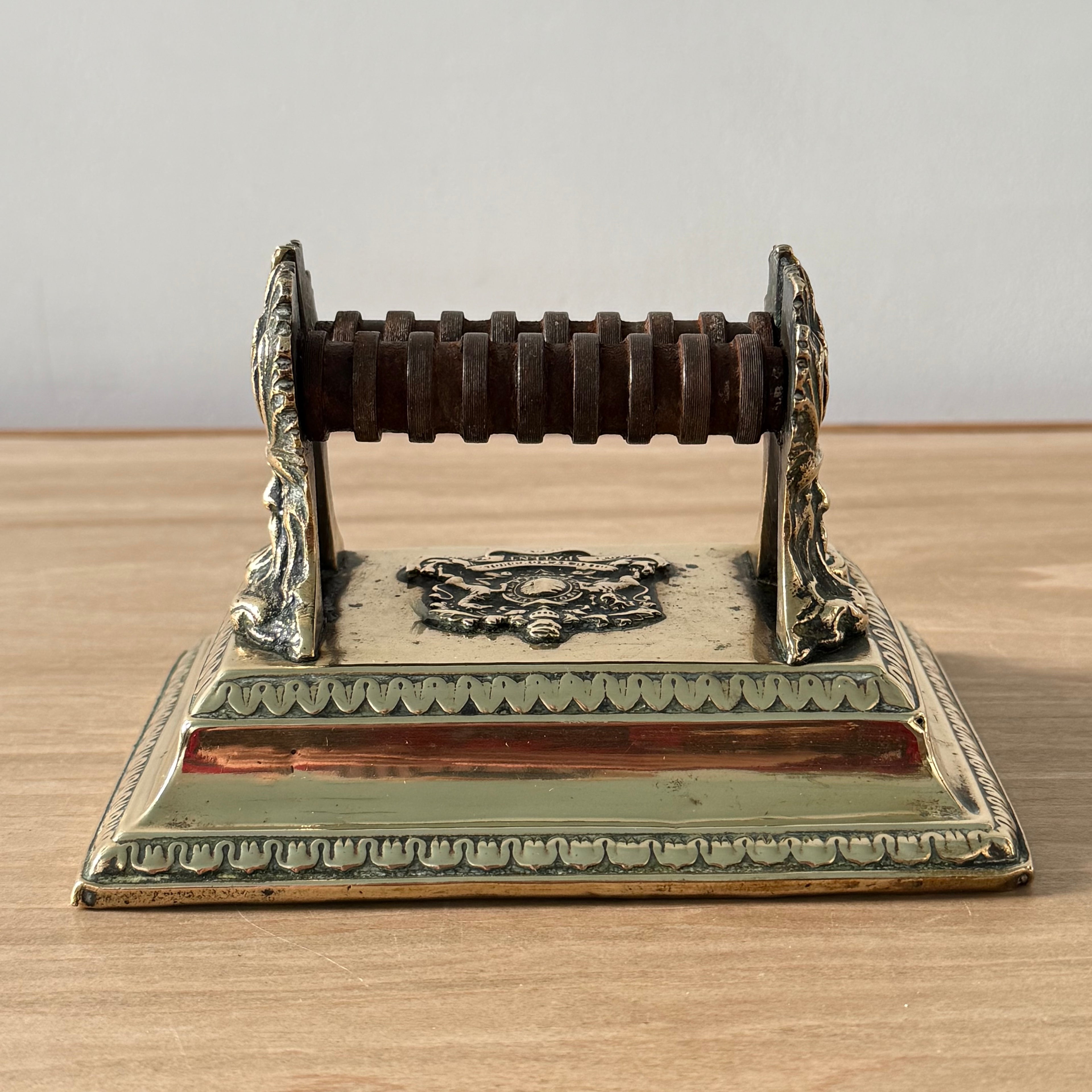 Victorian Brass Knife Sharpener with Twin Oak Rollers and Heraldic Crest