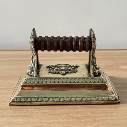 Victorian Brass Knife Sharpener with Twin Oak Rollers and Heraldic Crest