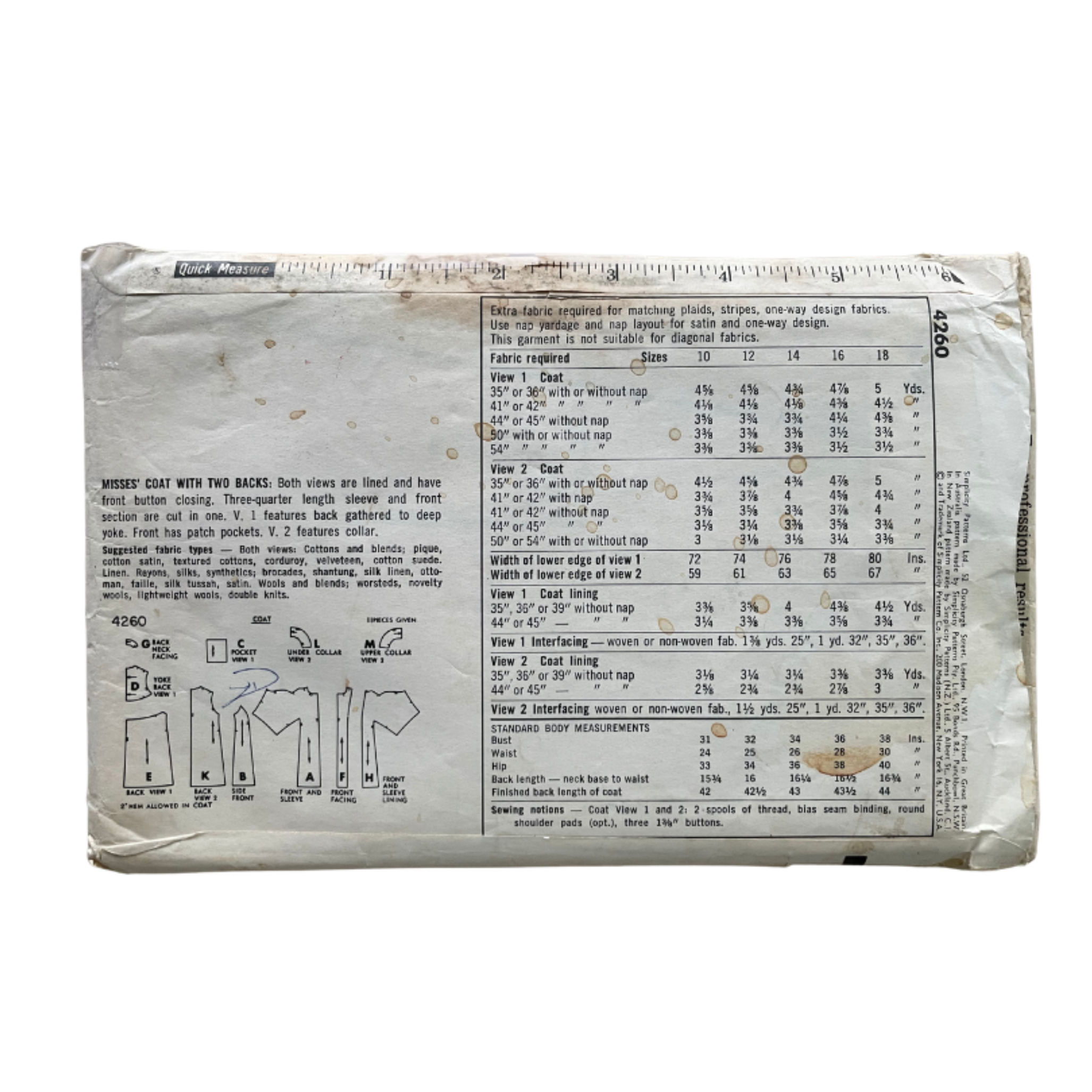 Simplicity 4260 Womens Size 12 Coat FF