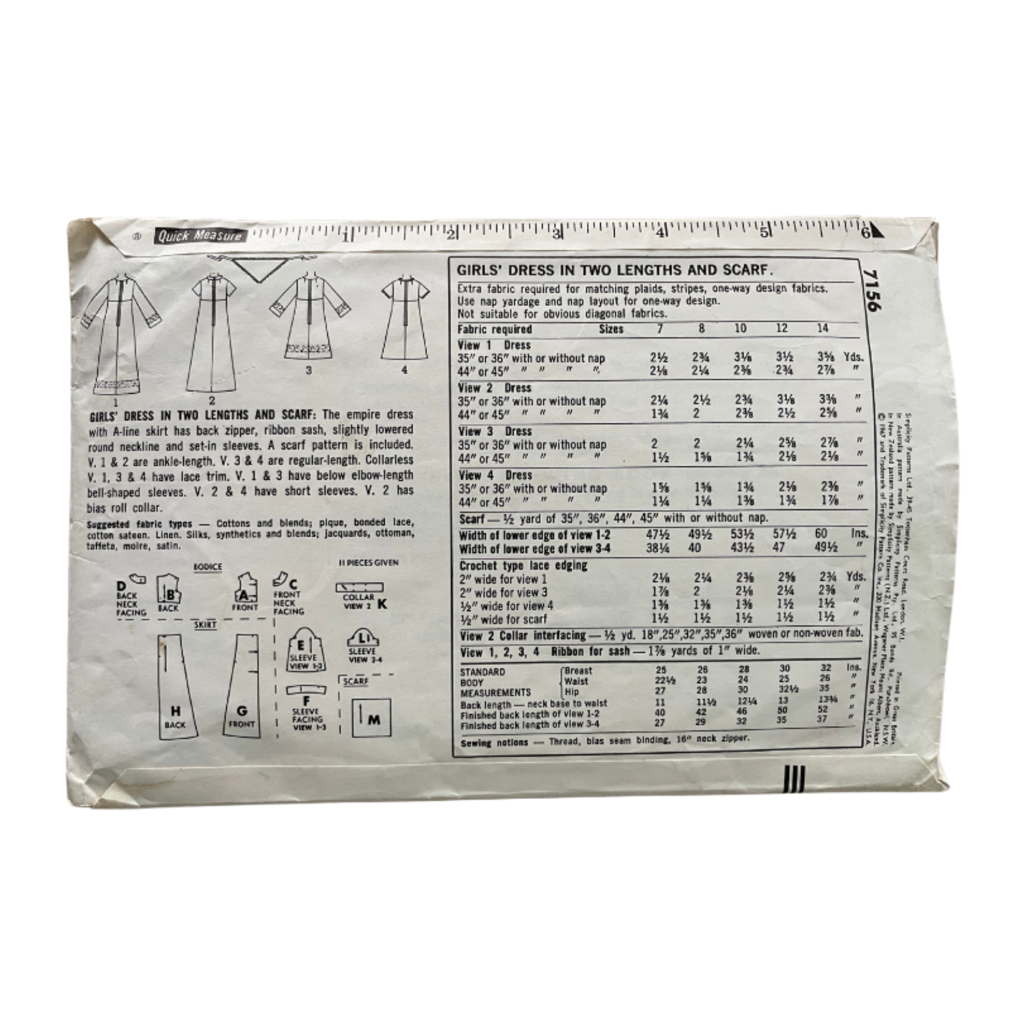 Simplicity 7156 Girls Size 8yrs Bridesmaid Occasion Dress