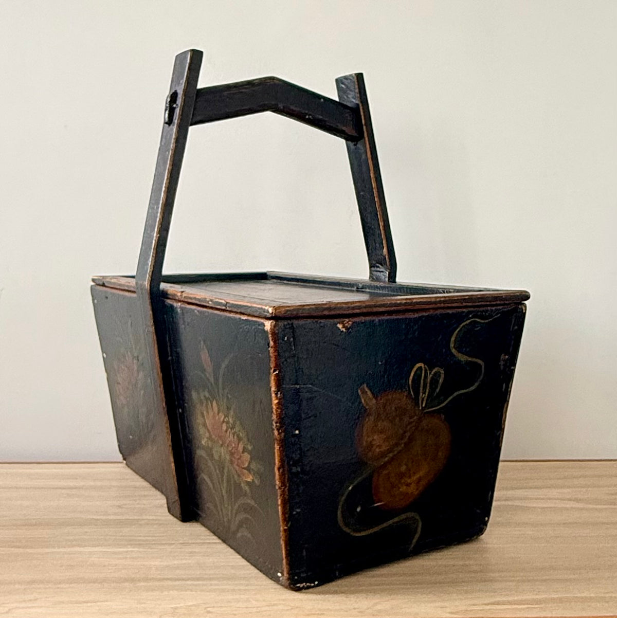 Antique Norwegian Folk Art Painted Wooden Knitting Basket c.1900