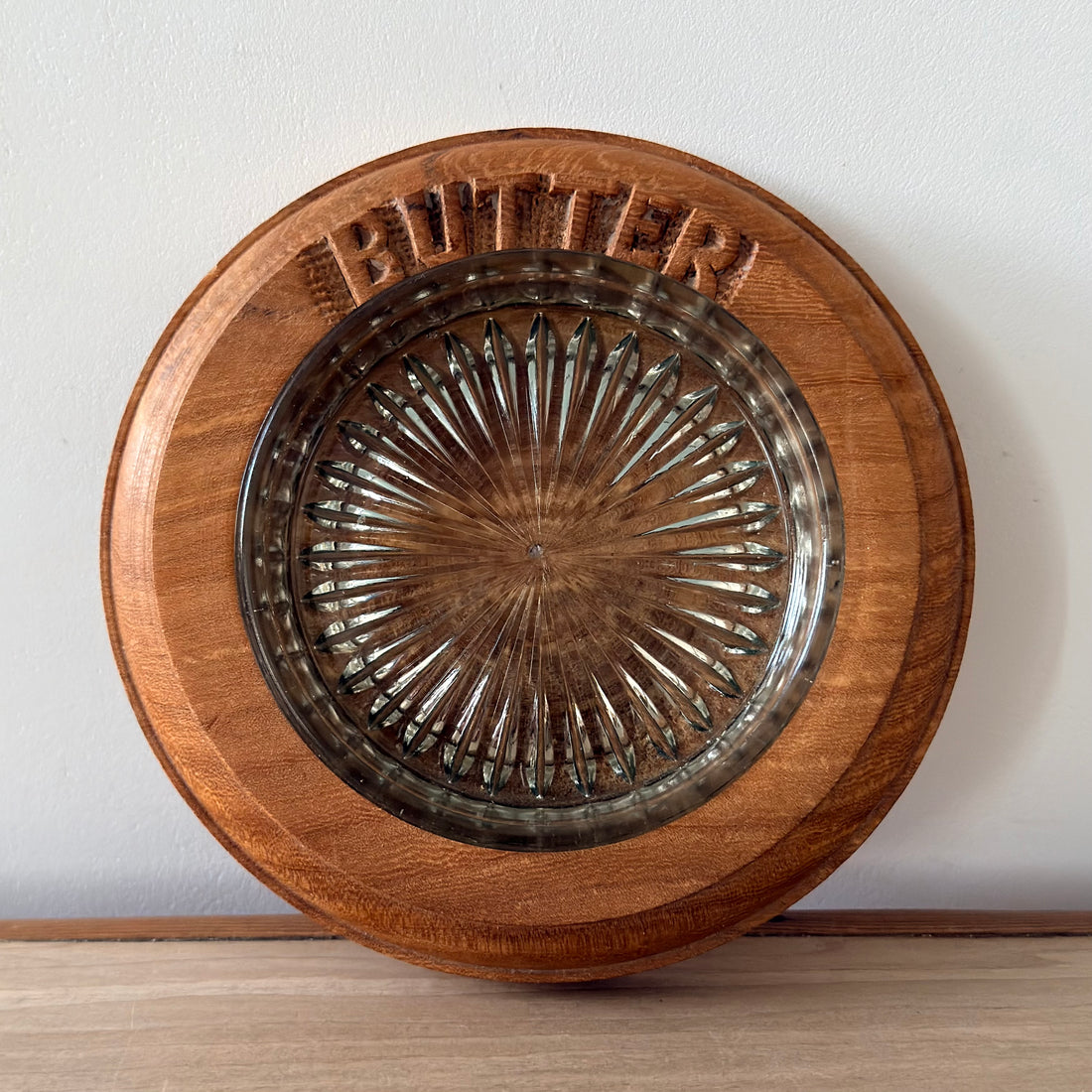 Vintage Wooden Butter Dish Stand with Pressed Glass Insert