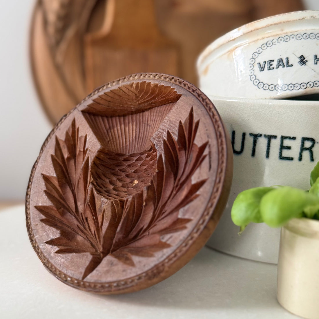 Antique Treen Butter Stamp Thistle Carved Folk Art