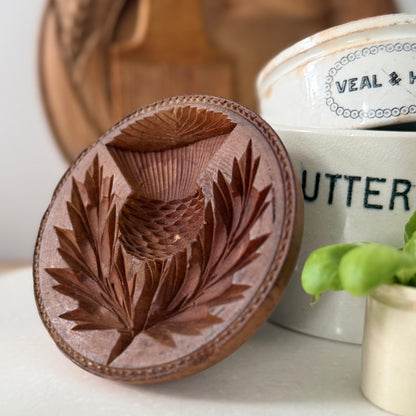 Antique Treen Butter Stamp Thistle Carved Folk Art