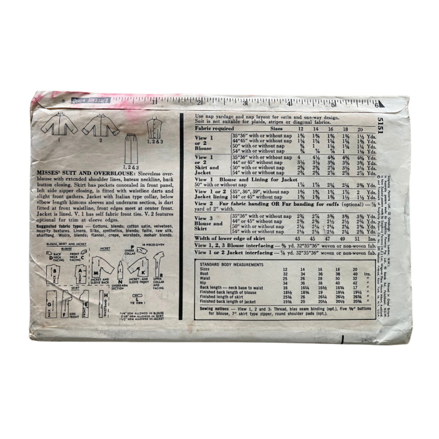 Simplicity 5151 Womens Size 10 Jacket Skirt Blouse FF