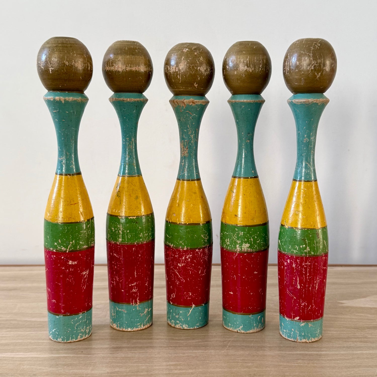 Vintage Wooden Skittles Pins Set Painted Folk Art Toy