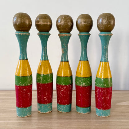 Vintage Wooden Skittles Pins Set Painted Folk Art Toy