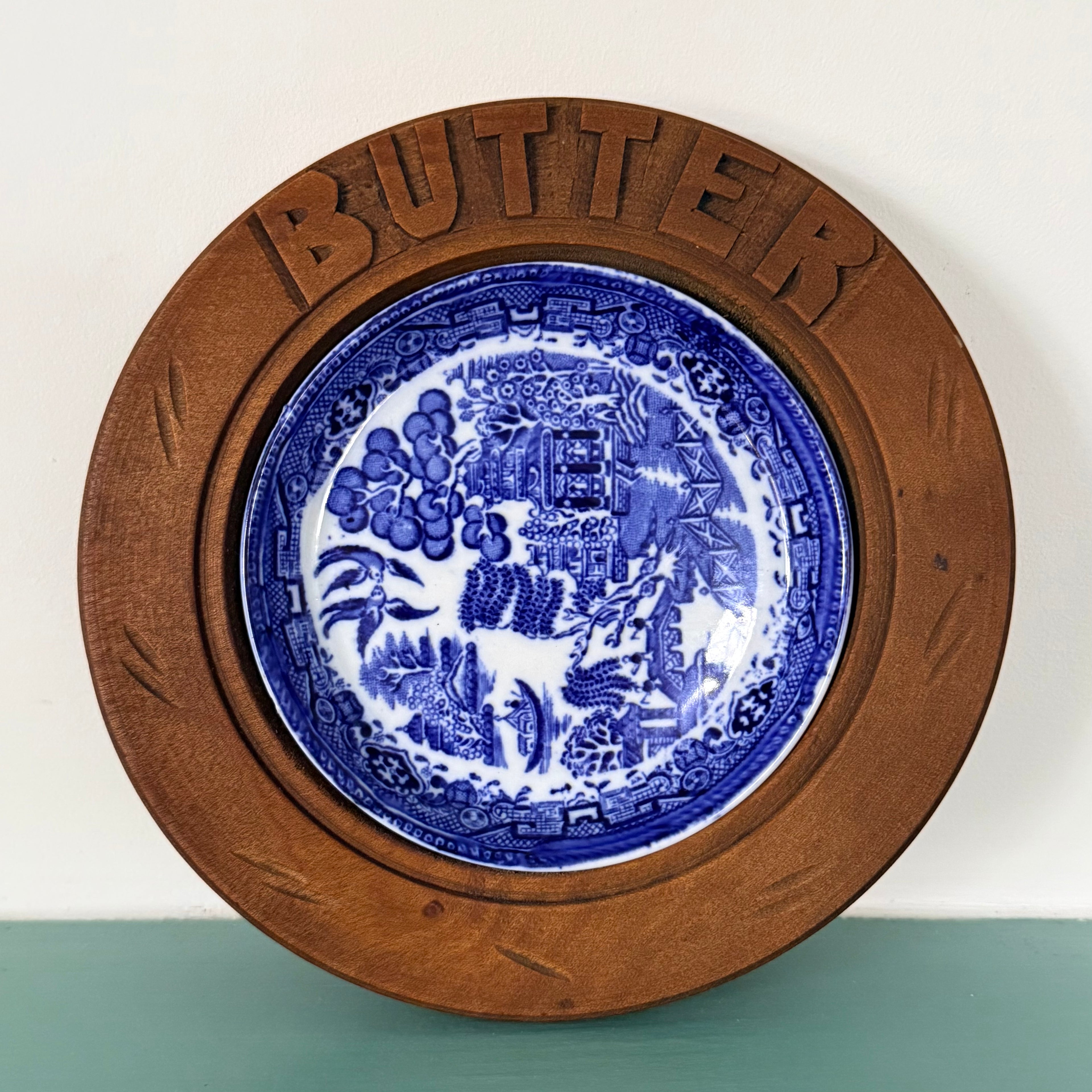 Antique Treen Butter Dish Wooden Surround with Blue Willow Insert