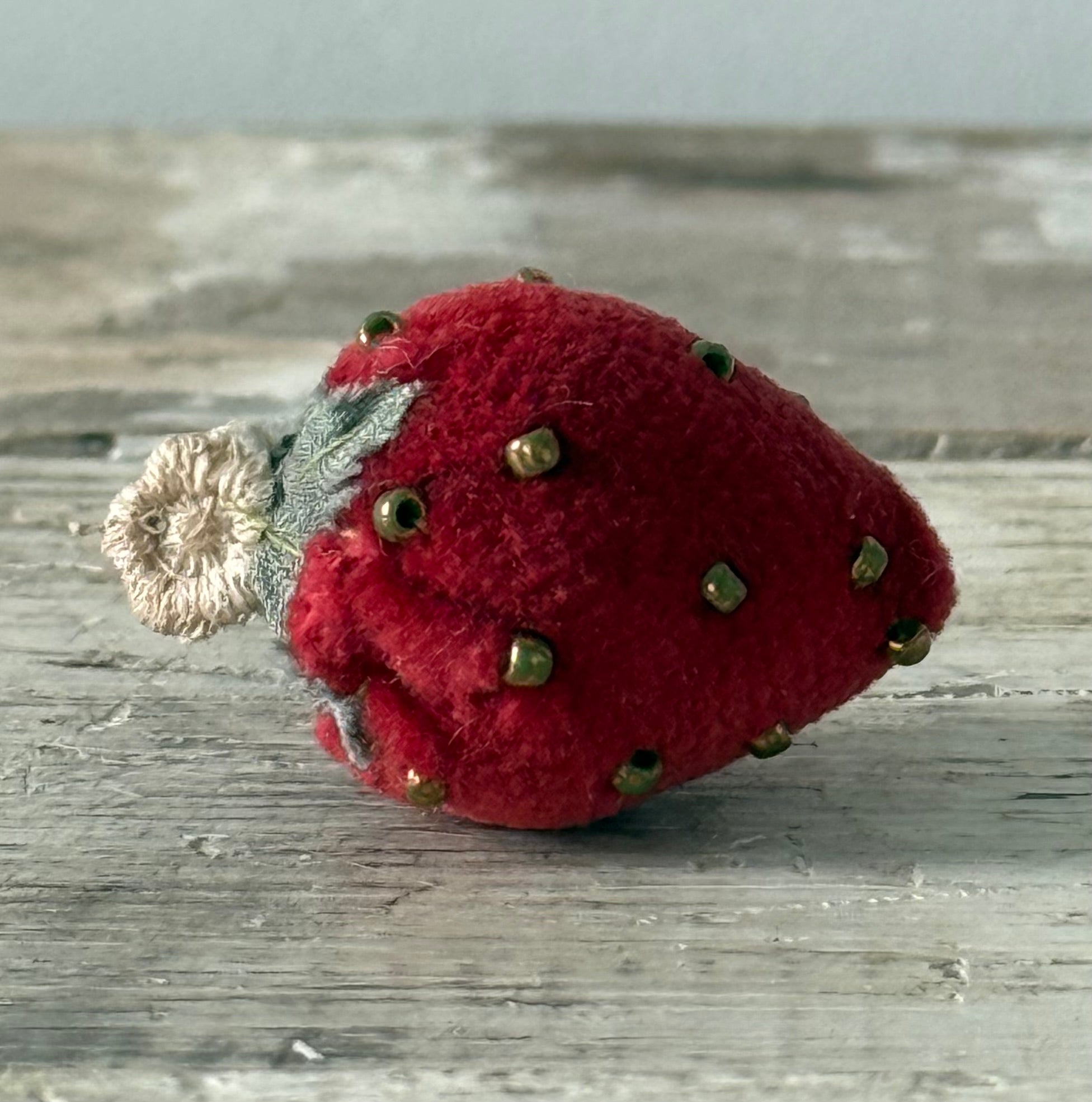 Antique Velvet Strawberry Pincushion with Metal Beads and Crocheted Flower