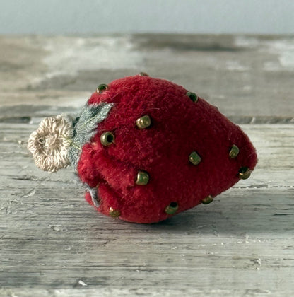 Antique Velvet Strawberry Pincushion with Metal Beads and Crocheted Flower