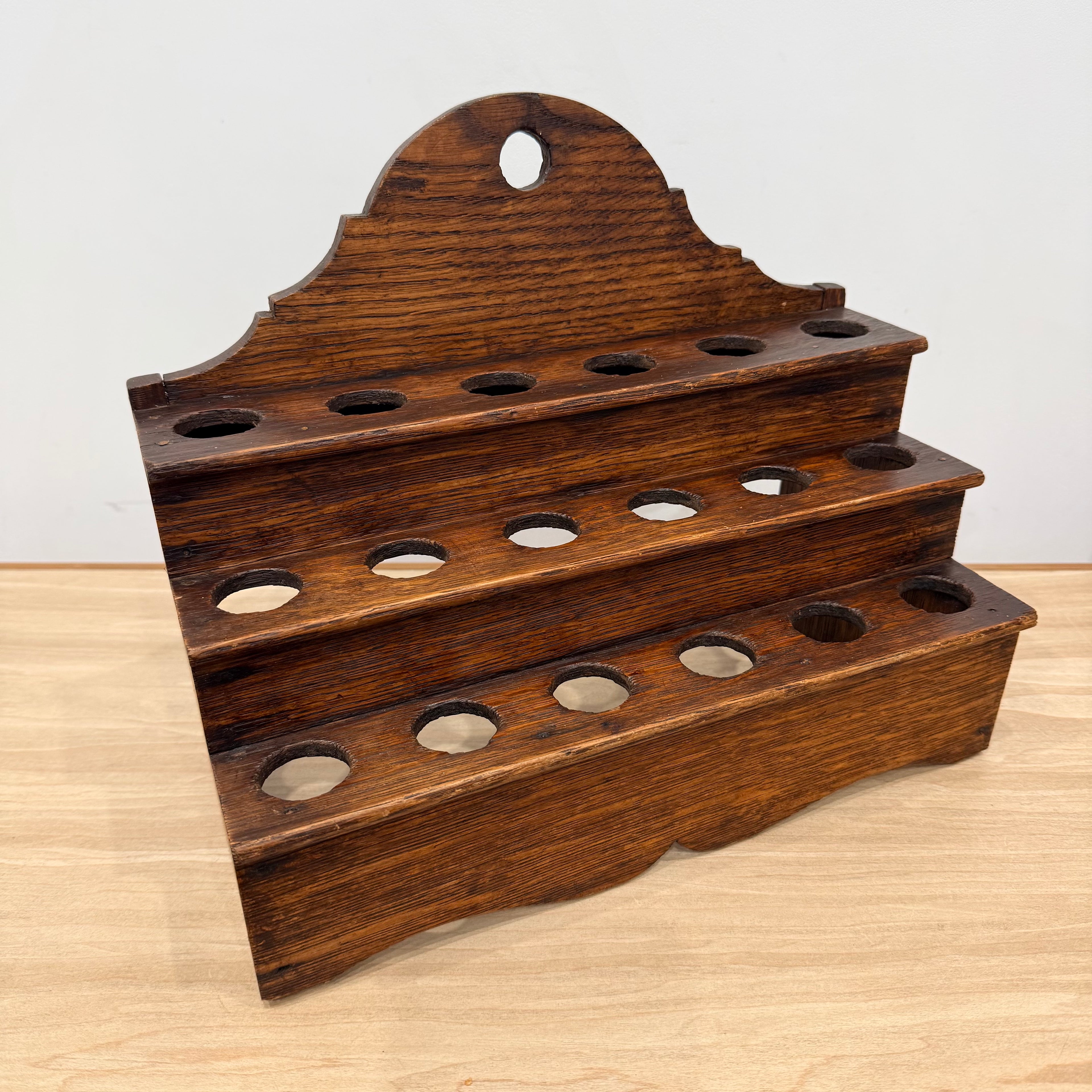 Antique Welsh Cawl Spoon Rack Oak Treen 3 Tier Peg Wall Shelf
