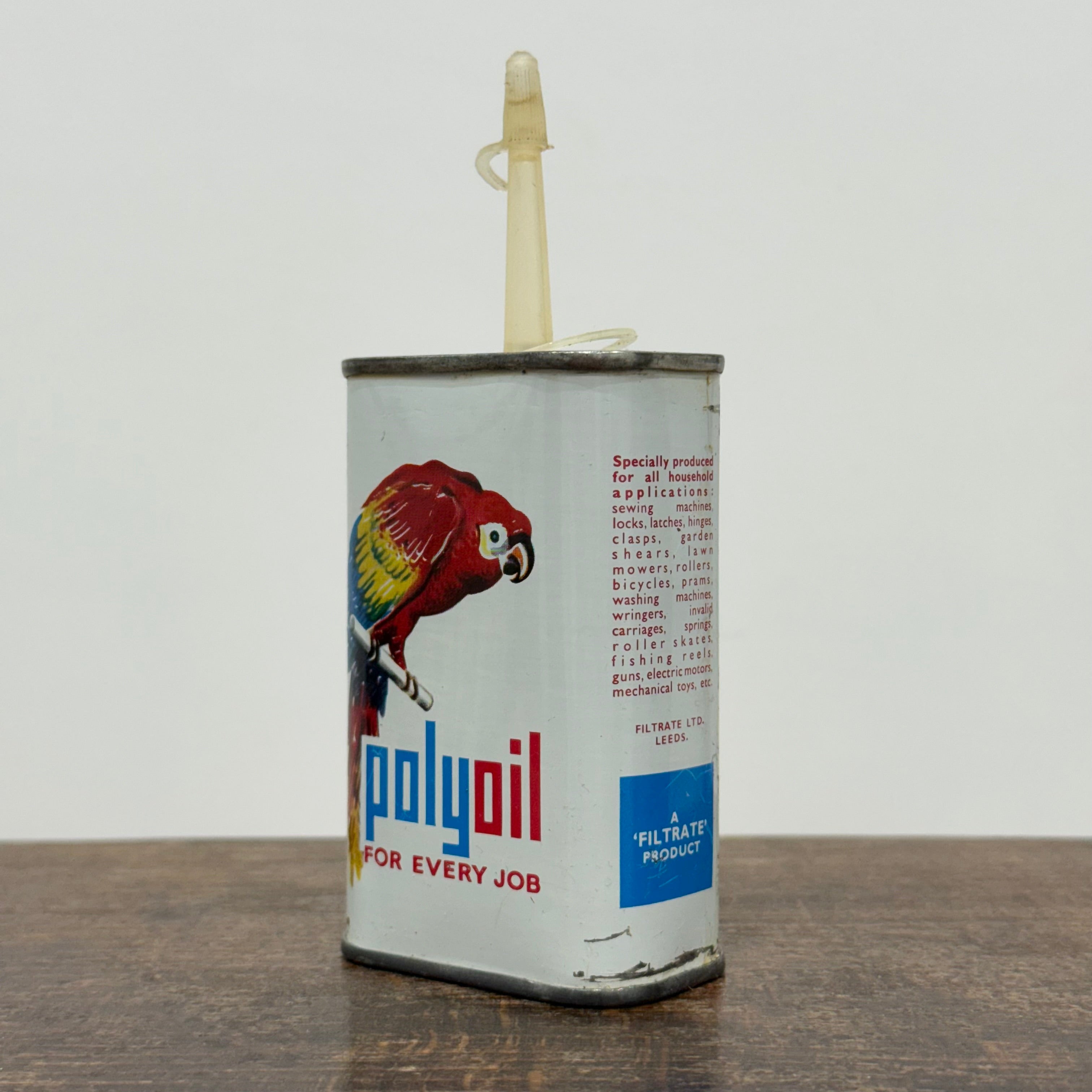 Vintage PolyOil Oiler Tin Filtrate Leeds Parrot Logo Cycle Machinery Oil Can