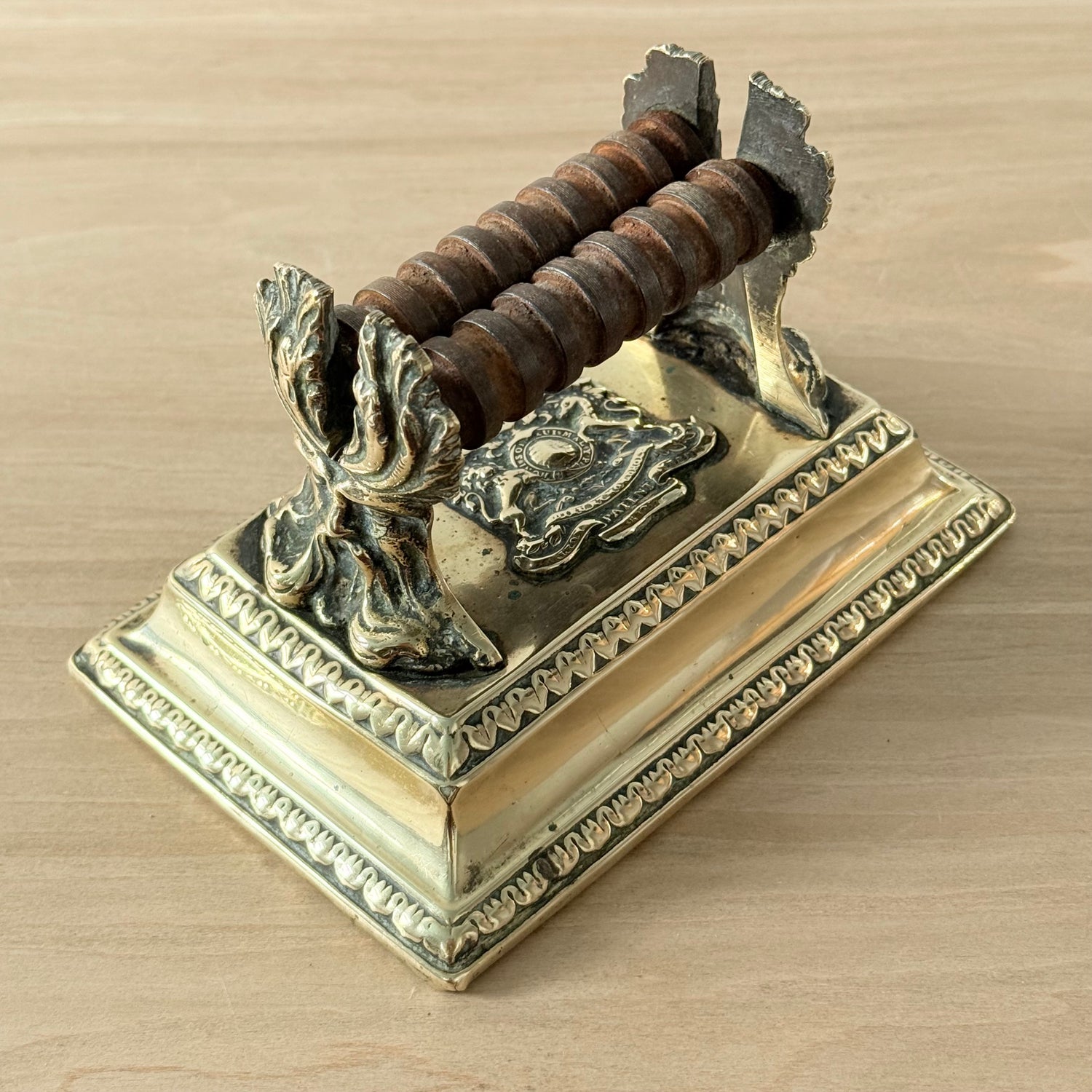 Victorian Brass Knife Sharpener with Twin Oak Rollers and Heraldic Crest