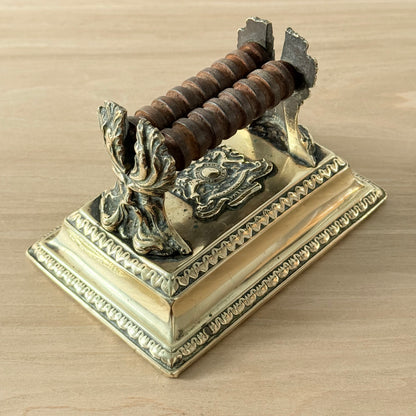 Victorian Brass Knife Sharpener with Twin Oak Rollers and Heraldic Crest