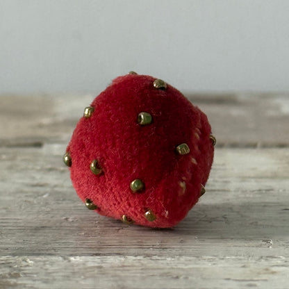 Antique Velvet Strawberry Pincushion with Metal Beads and Crocheted Flower