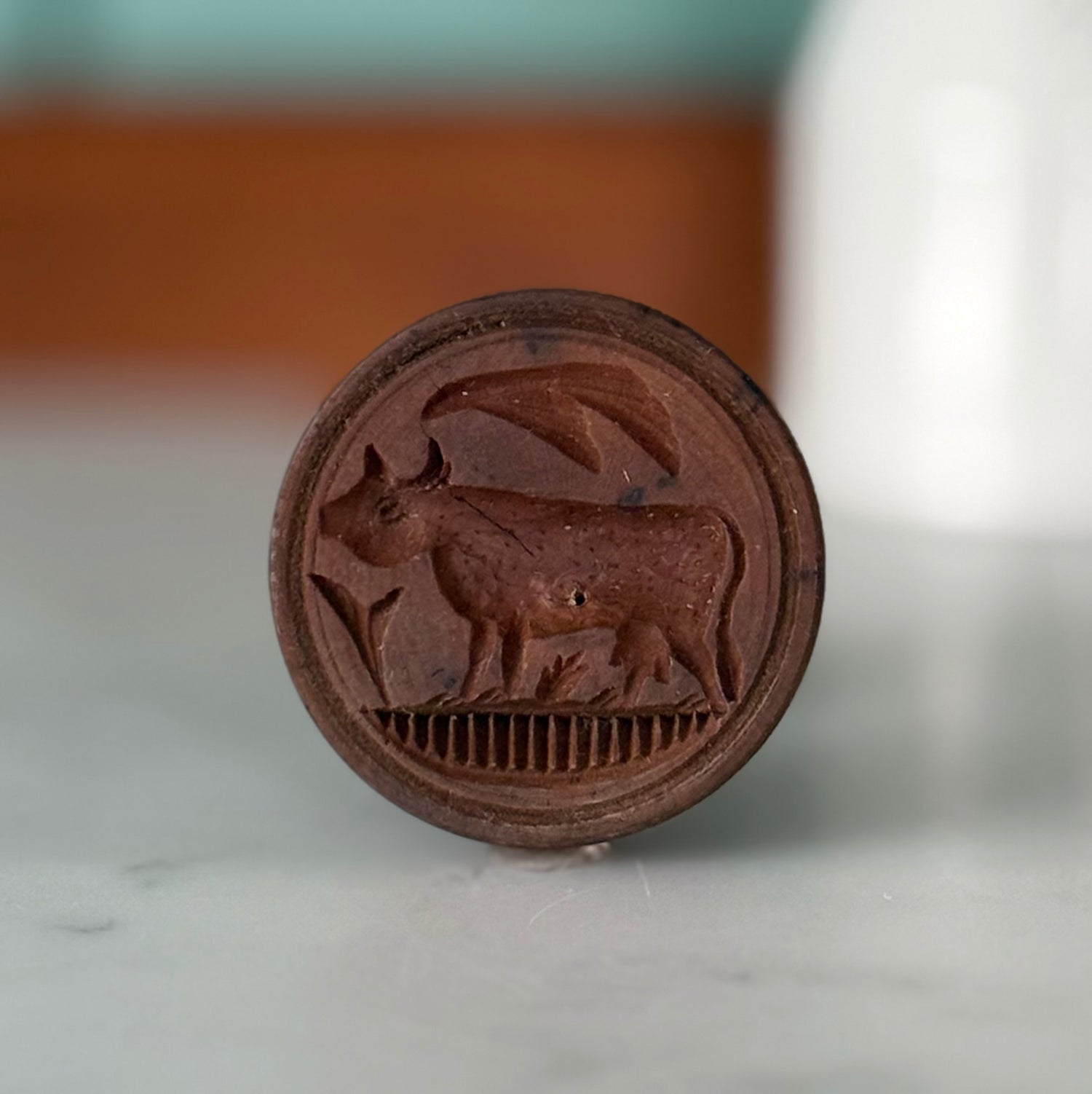 Antique Wooden Cow Butter Stamp / Treen Dairy Mould