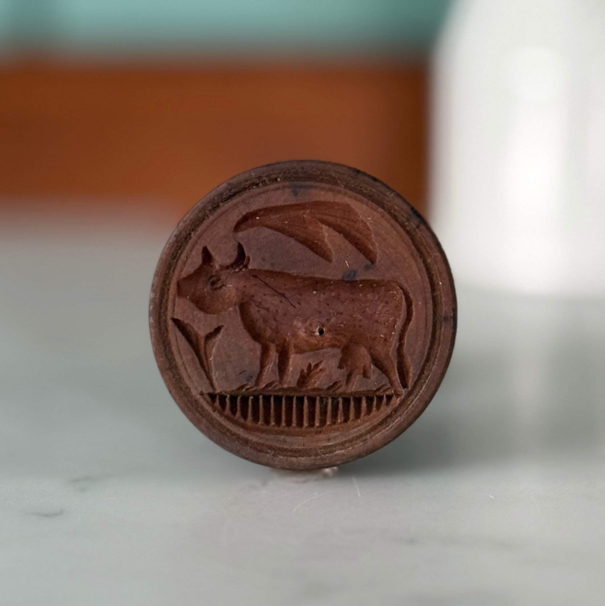 Antique Wooden Cow Butter Stamp / Treen Dairy Mould