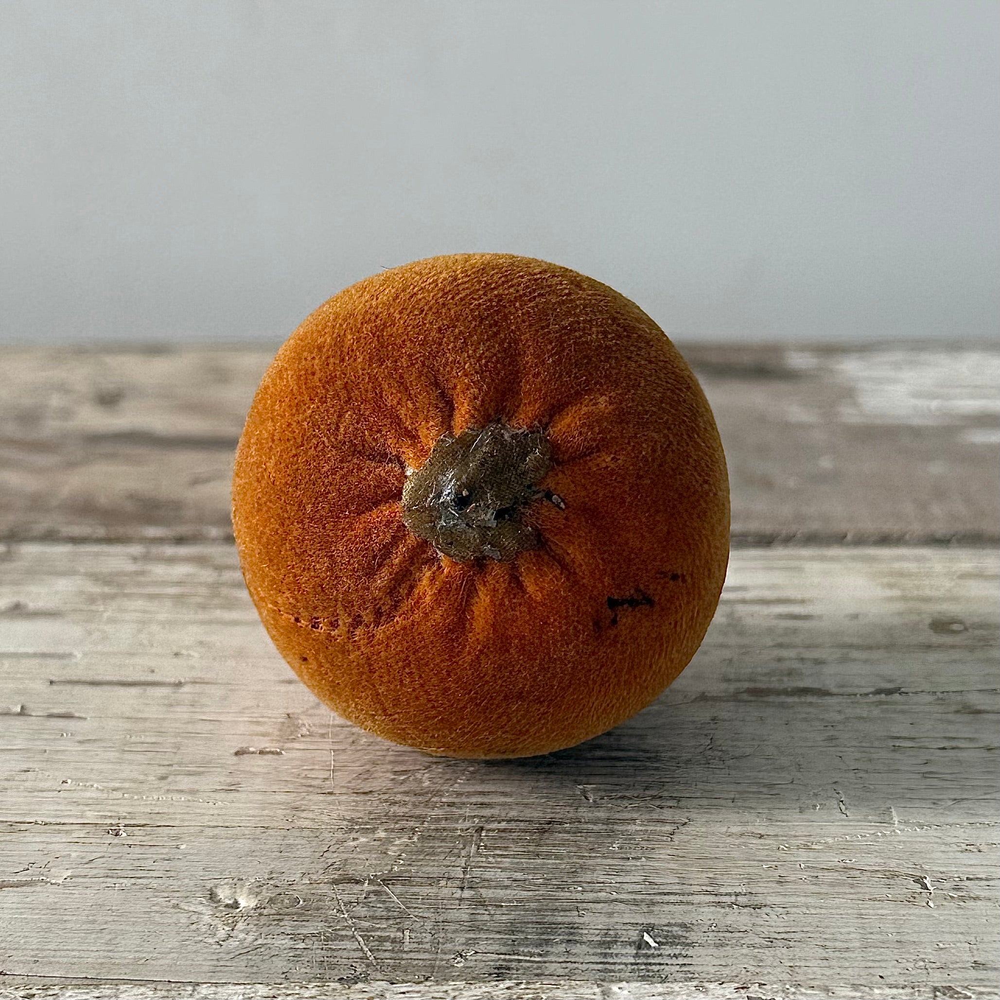 1830s Antique Velvet Orange Pin Cushion with Coated Fabric Leaf Detail