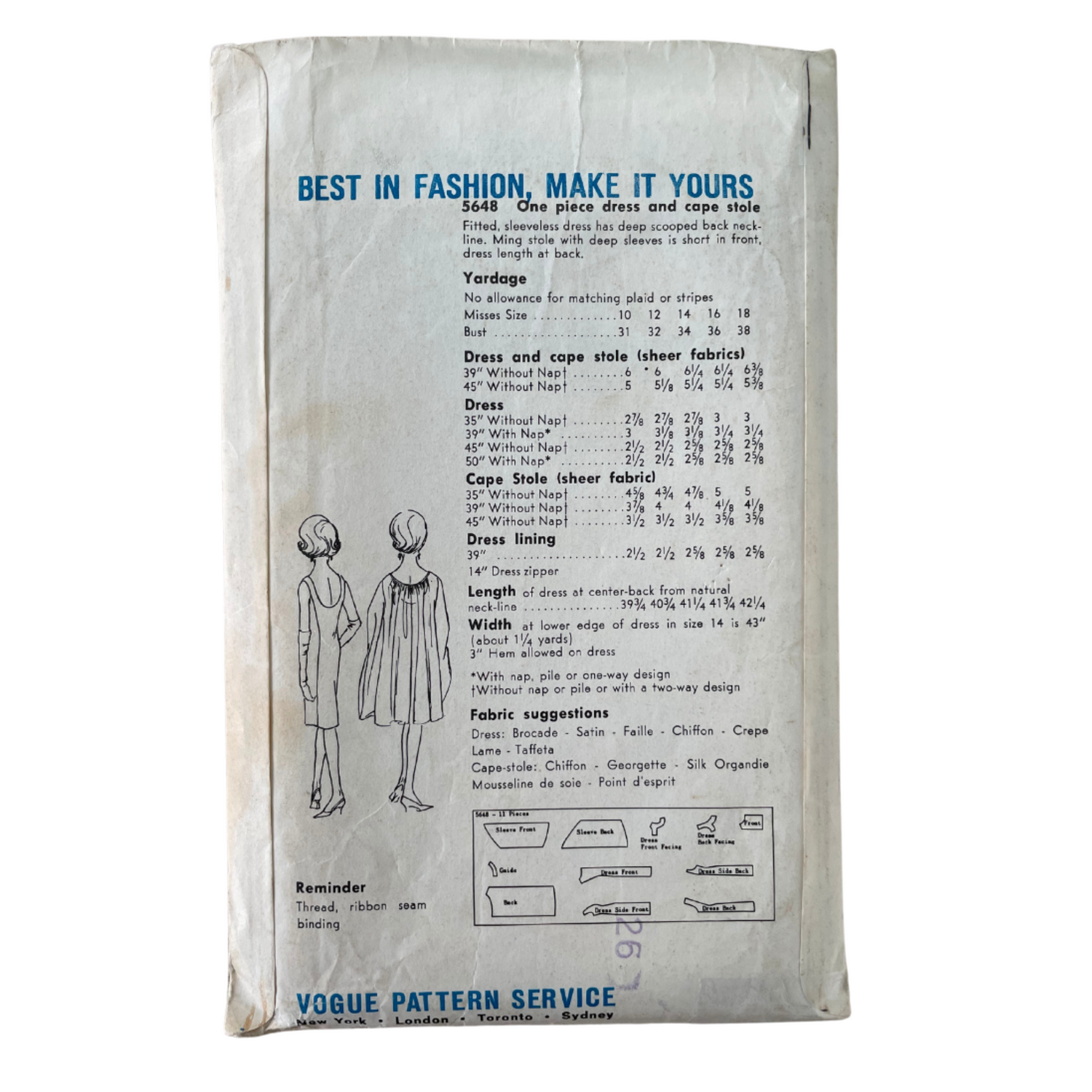 Vogue 5648 Womens Size 10 Dress Cape