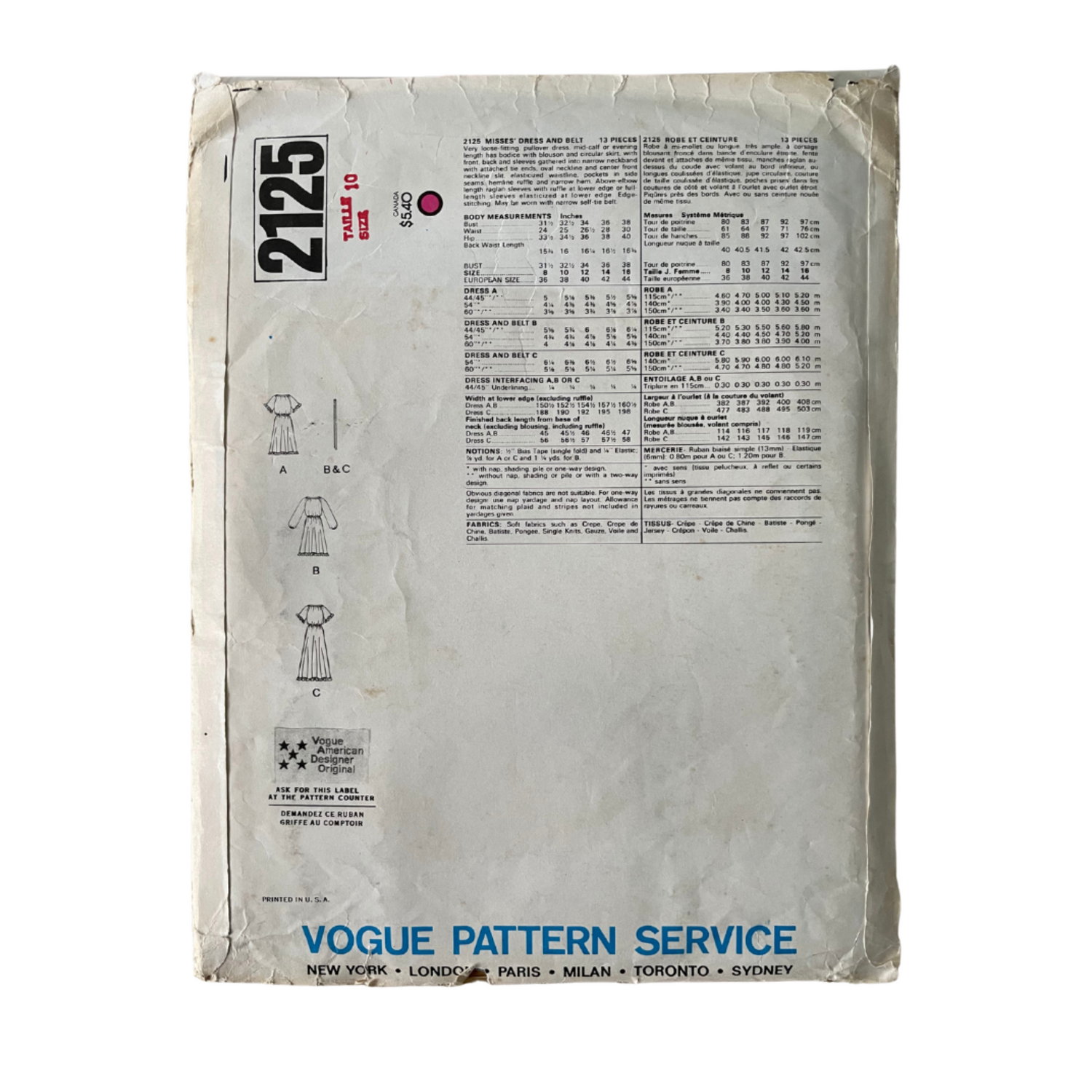 Vogue Designer 2125 Womens Size 10 Dress FF