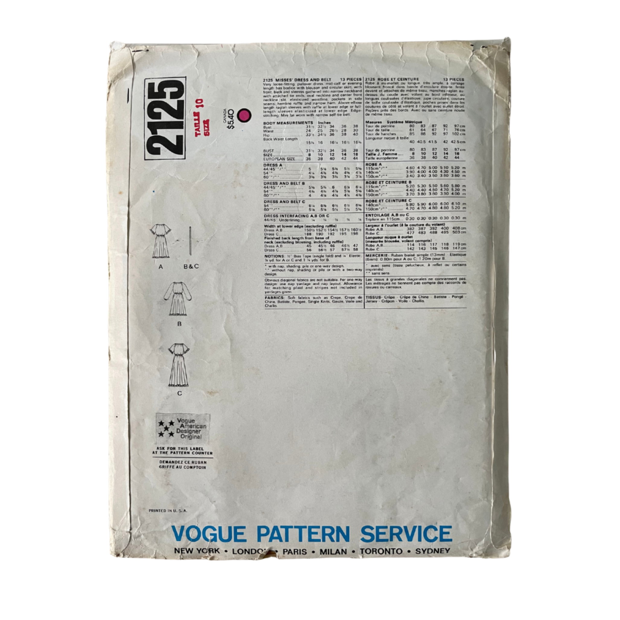 Vogue Designer 2125 Womens Size 10 Dress FF