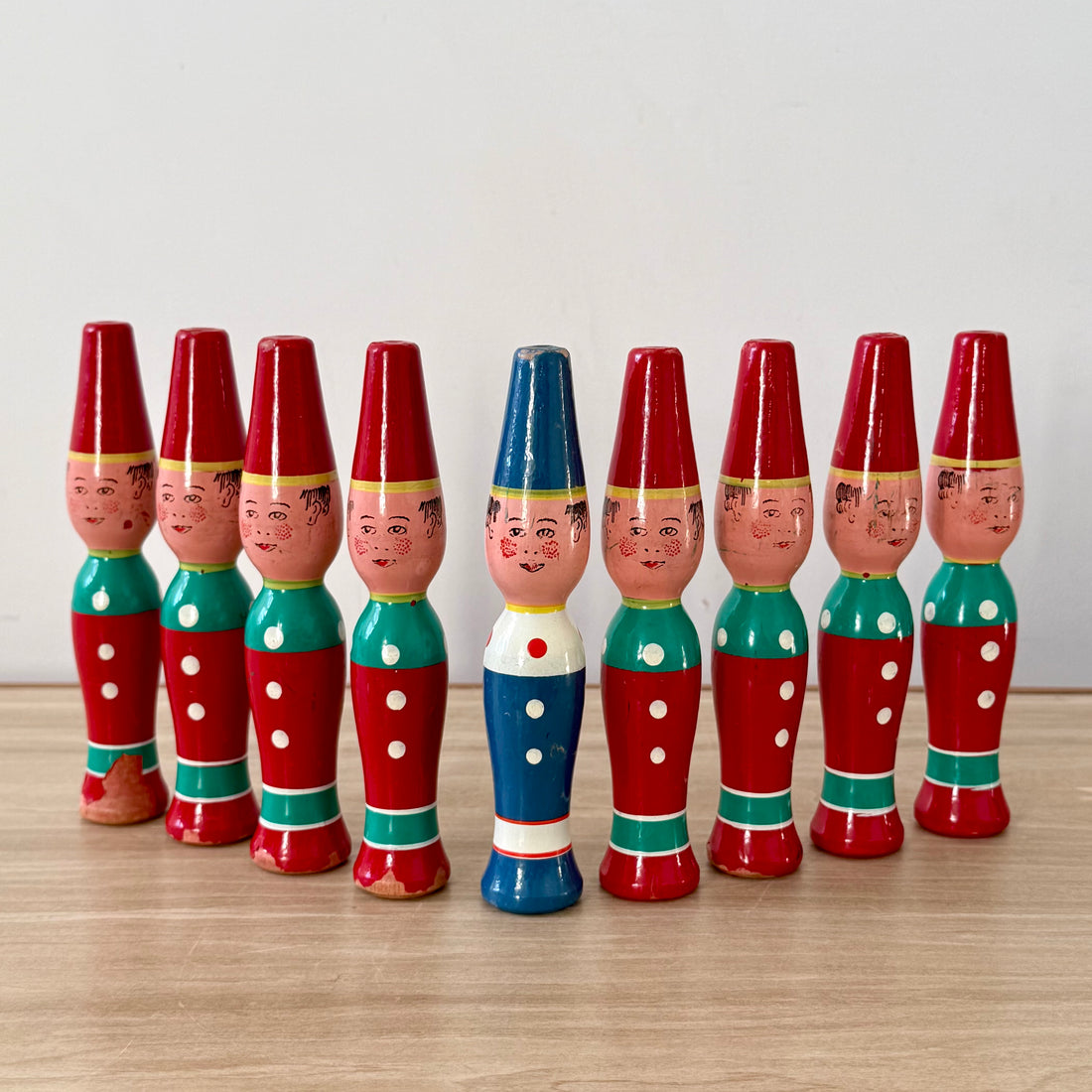 Vintage Wooden Skittles Set 9 Pins Hand Painted Folk Figures Fez Hats