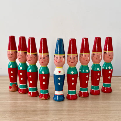 Vintage Wooden Skittles Set 9 Pins Hand Painted Folk Figures Fez Hats