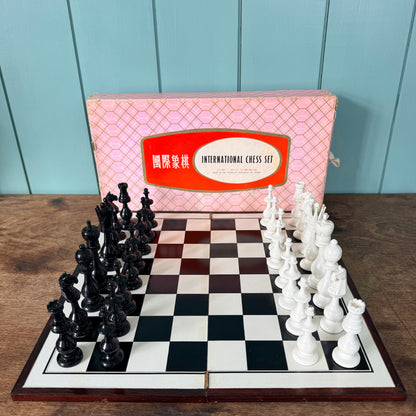 Vintage Chinese Wooden Figural International Chess Set Original Box
