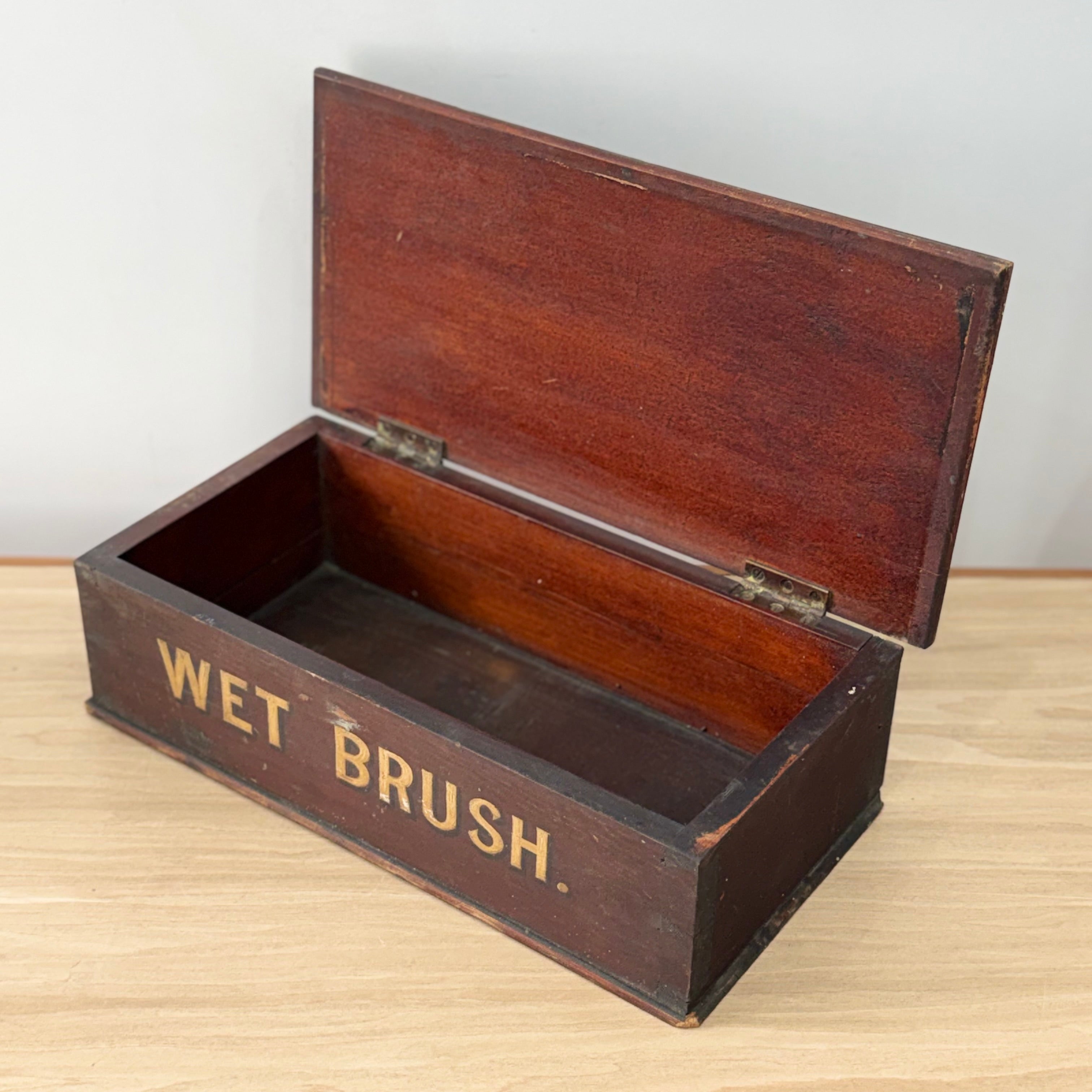 Antique Wet Brush Box Wooden Trade Display Barber Shoe Shine