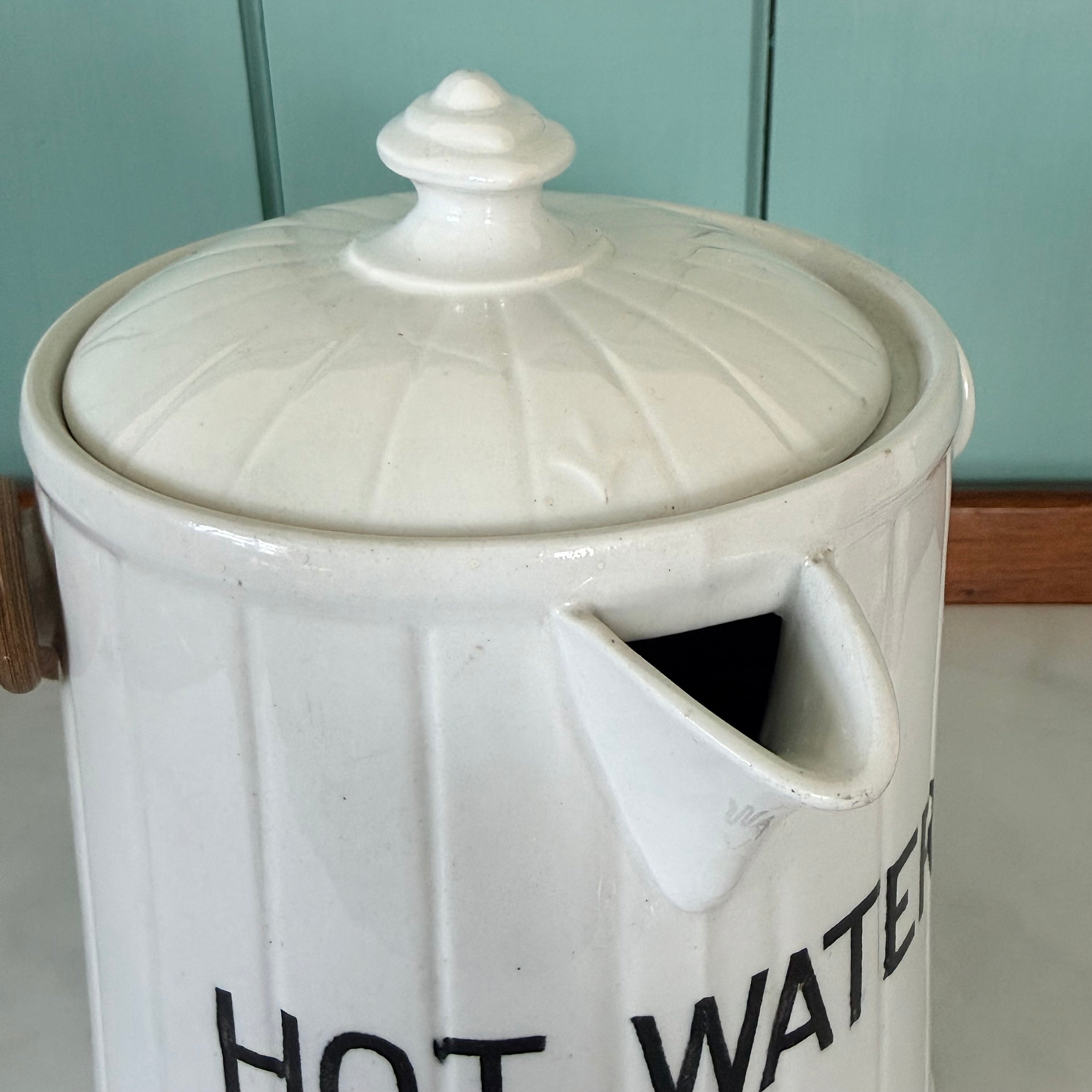 Antique Edwardian White Ironstone HOT WATER Jug Wicker Handle &amp; Lid